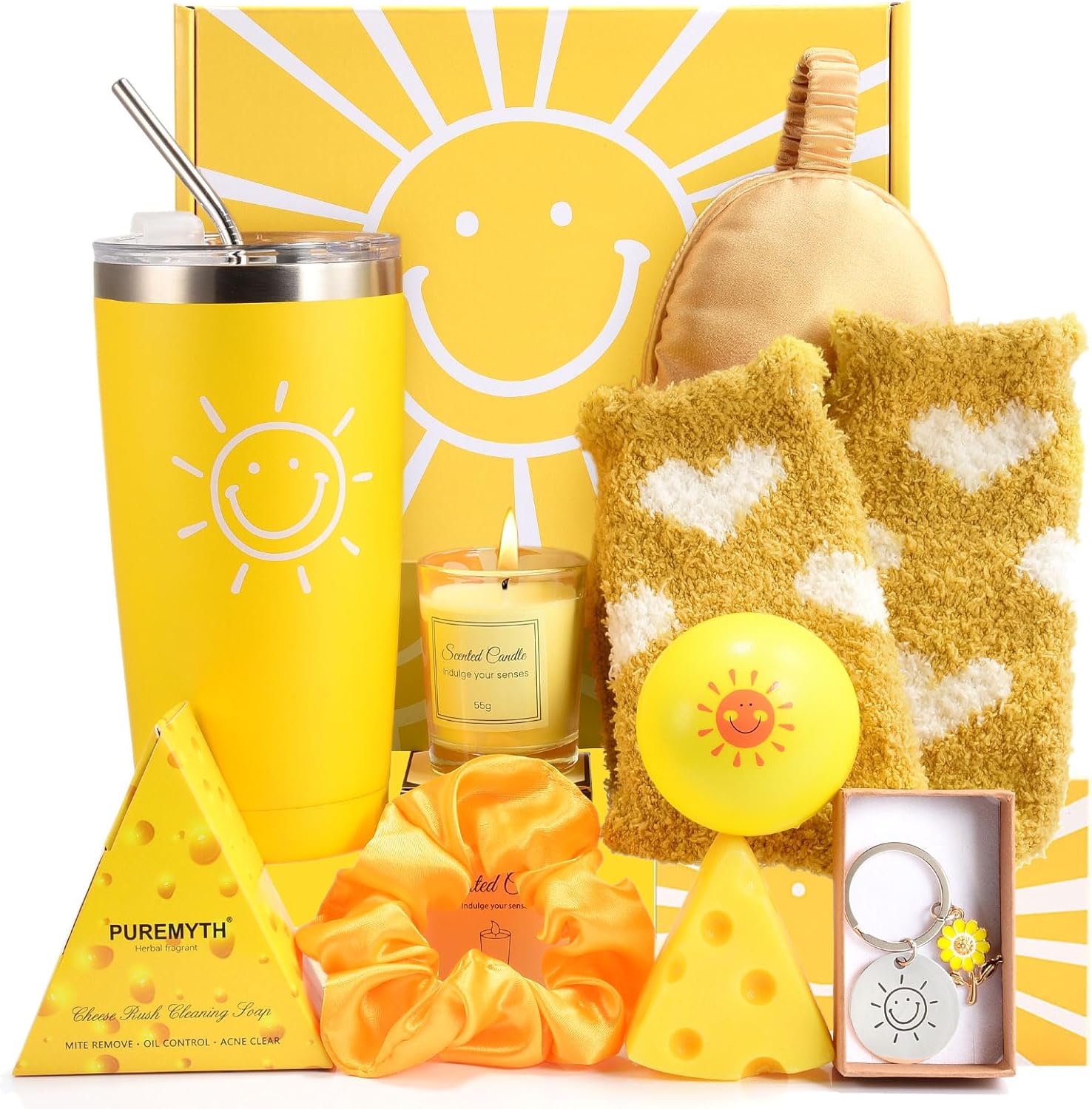 Caja regalo Sunshine con taza de viaje, scrunchy para el pelo, antifaz para dormir, jabón hecho a mano, pelota antiestrés, calcetines, vela perfumada y llavero por 16,28€