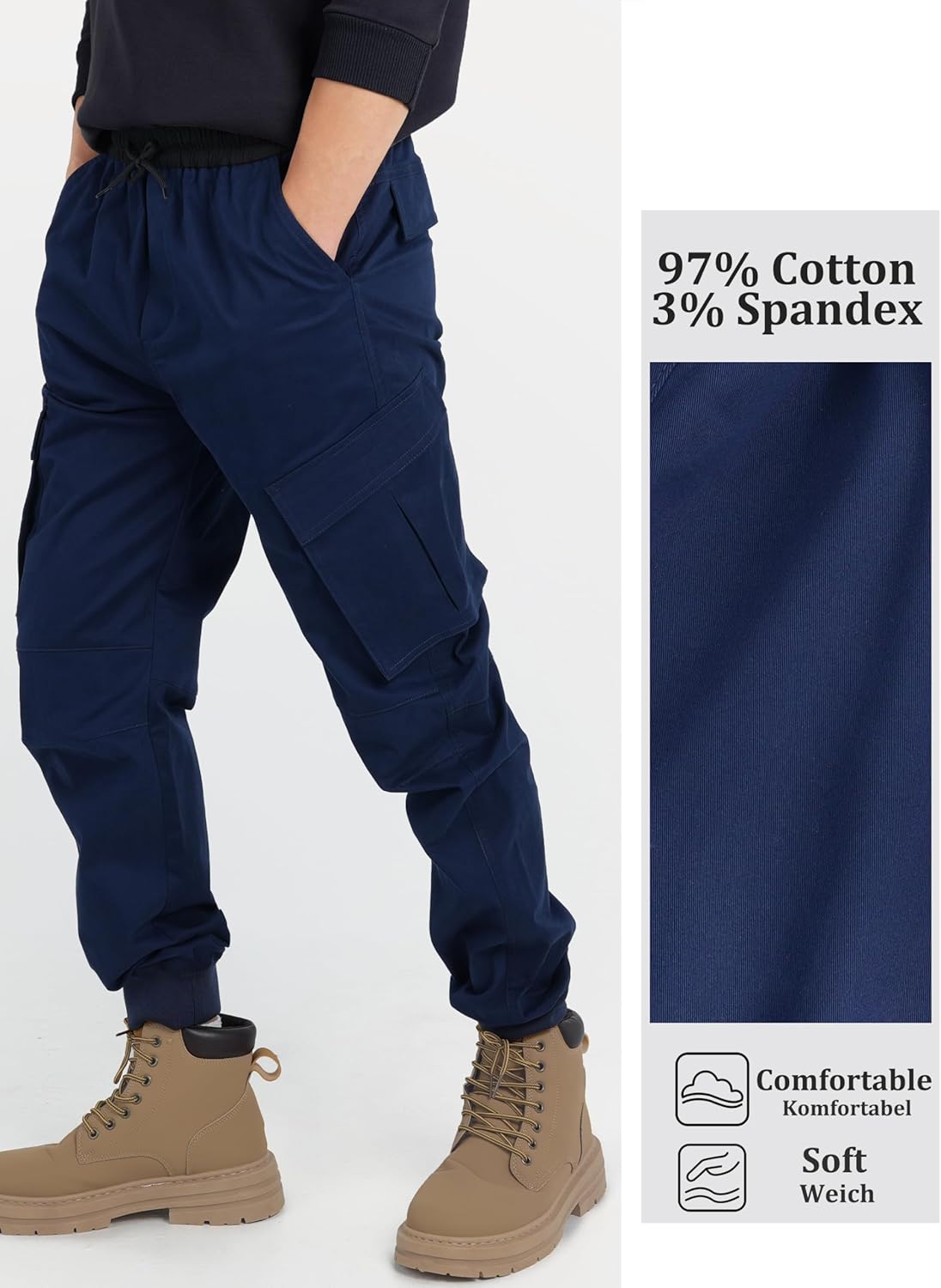 CAMLAKEE Boys Stretch Cargo Pants Kids Drawstring Elastic Waist School Youth Twill Joggers Pants - Image 3