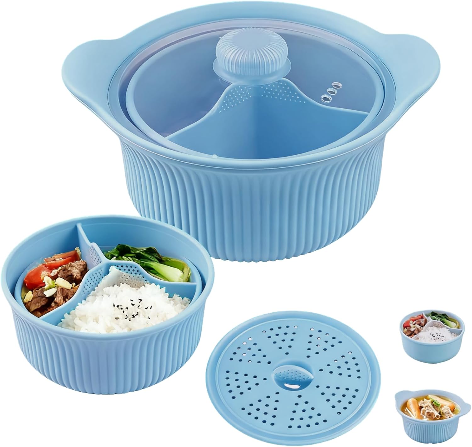 Vaporizador de silicona para microondas de 42 onzas para verduras y cocinar, microondas de 3 compartimentos con tapa, apto para horno y