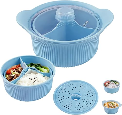Vaporizador de silicona para microondas de 42 onzas para verduras y cocinar, microondas de 3 compartimentos con tapa, apto para horno y