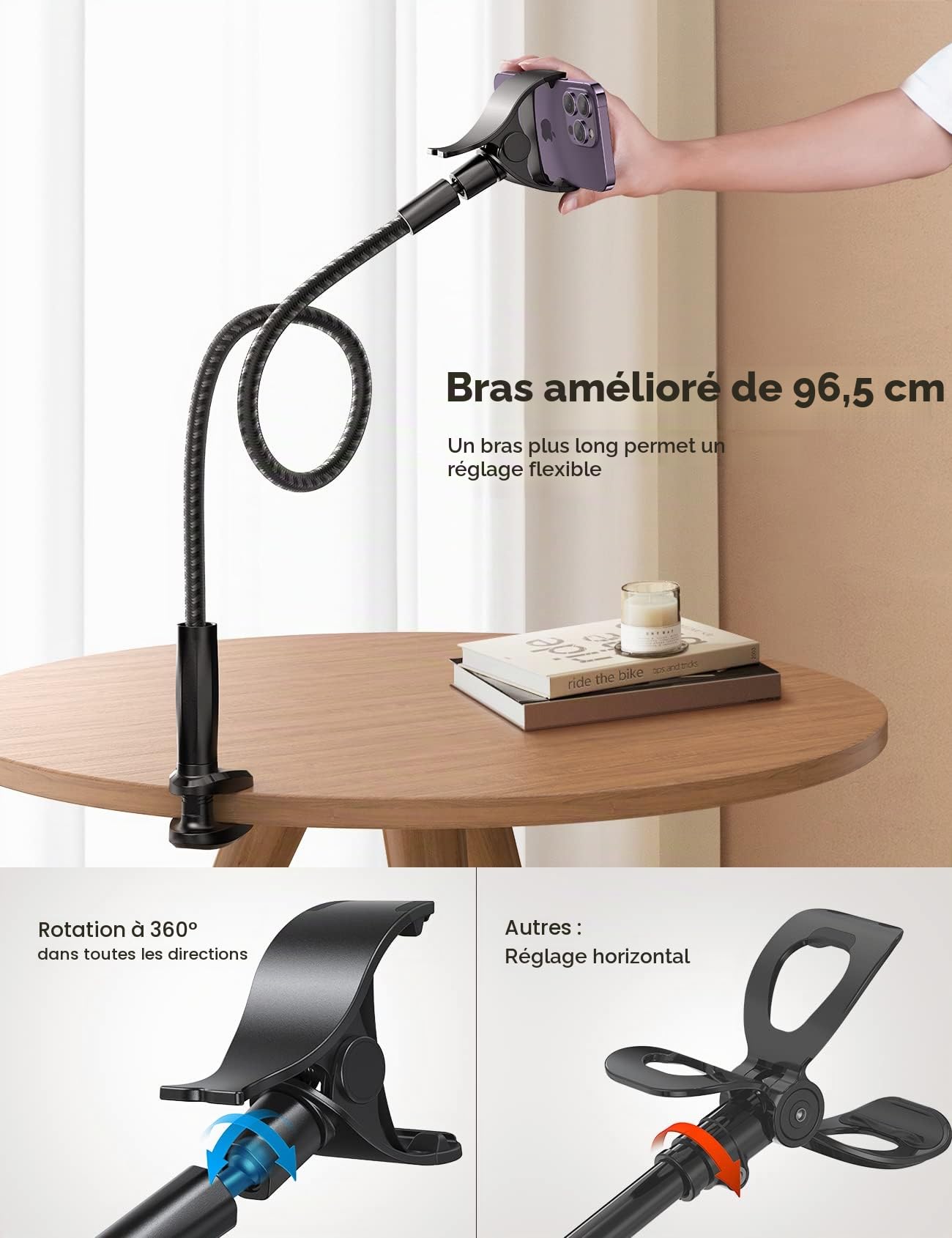Lamicall Support Téléphone avec Col de Cygne, [Nouveau Tissé en Nylon] 97cm Bras Flexible, Pince Réglable à 360°, Support Téléphone Lit pour iPhone 17/16/15/14/13/12 Pro Max, Autres Smartphones 4-7”