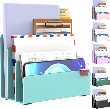 Mail Organizer Countertop, Small Desk File Organizer, Metal File Holder - Essential Workspace Organizers for Office Desk, Home Office Blue