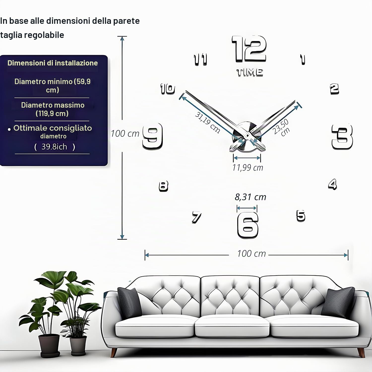 Coraltree Orologio da Parete Silenzioso Preciso Fai da Te, orologio da parete moderno, orologio da parete grande 3D Adesivo Home Office Decor Regalo (Dimensioni 60 cm – 120 cm autoadattamento)
