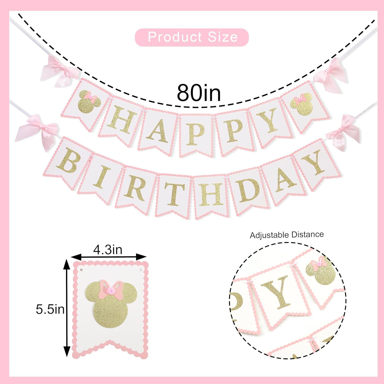Mouse Happy Birthday Banner - Mouse Birthday Decorations, Pink And Gold Banner, Bow Girl 1st Pink Decor (banner)