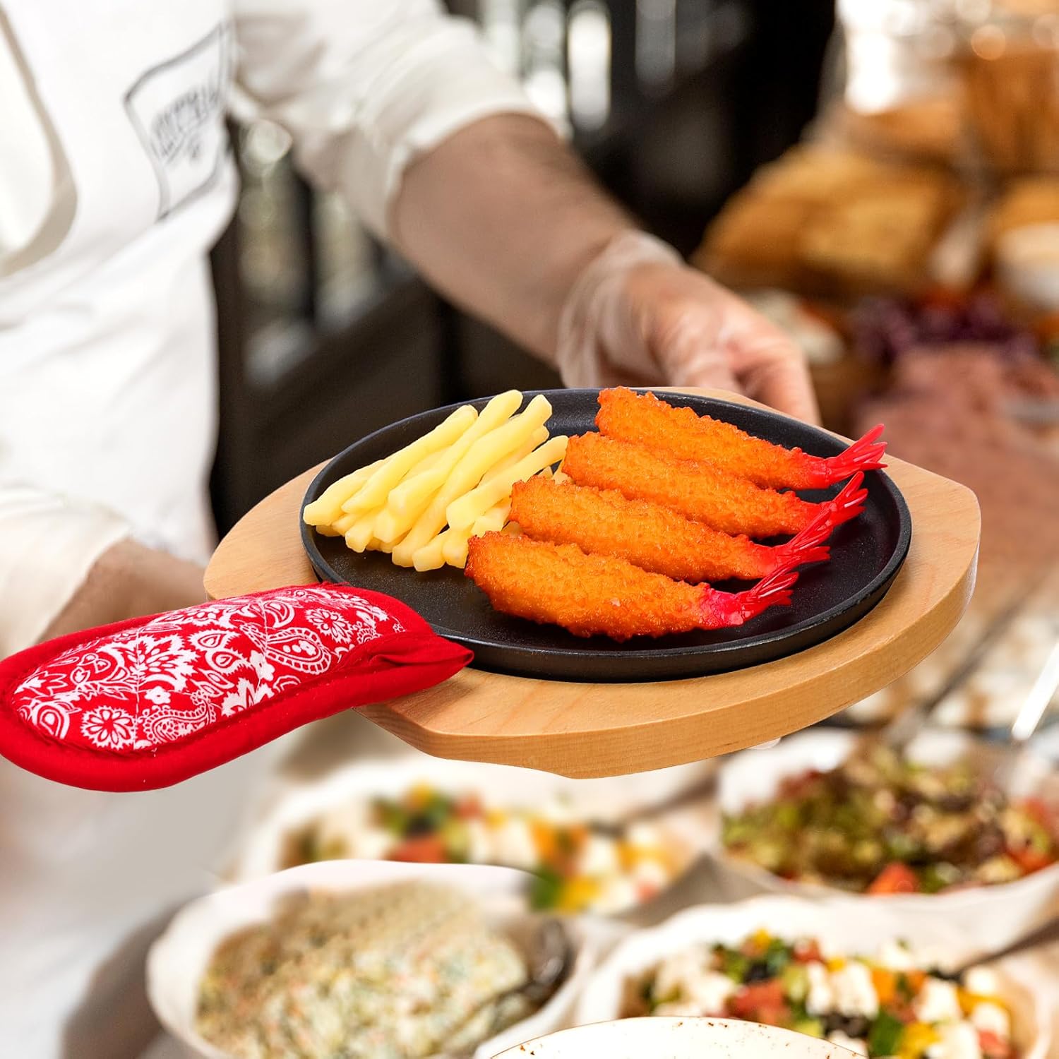 Mimorou 2 Sets Cast Iron Skillet Round Fajita Pan 7.87 Inch Fajita Plate Sizzler Pan with Wooden Base and Anti Scald Protection Hot Mitt for Kitchen BBQ Home Party Restaurant Catering Service