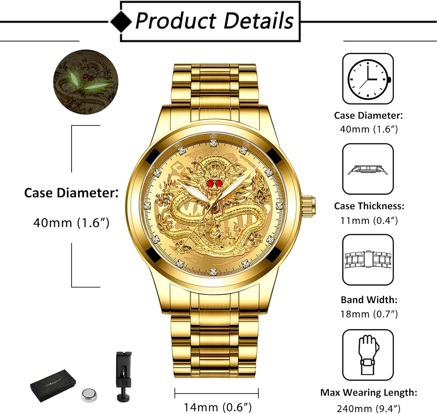 Avaner Men's Stainless Steel Wristwatch Engraved Dragon Dial Analog Quartz Watches with Luminous Hands