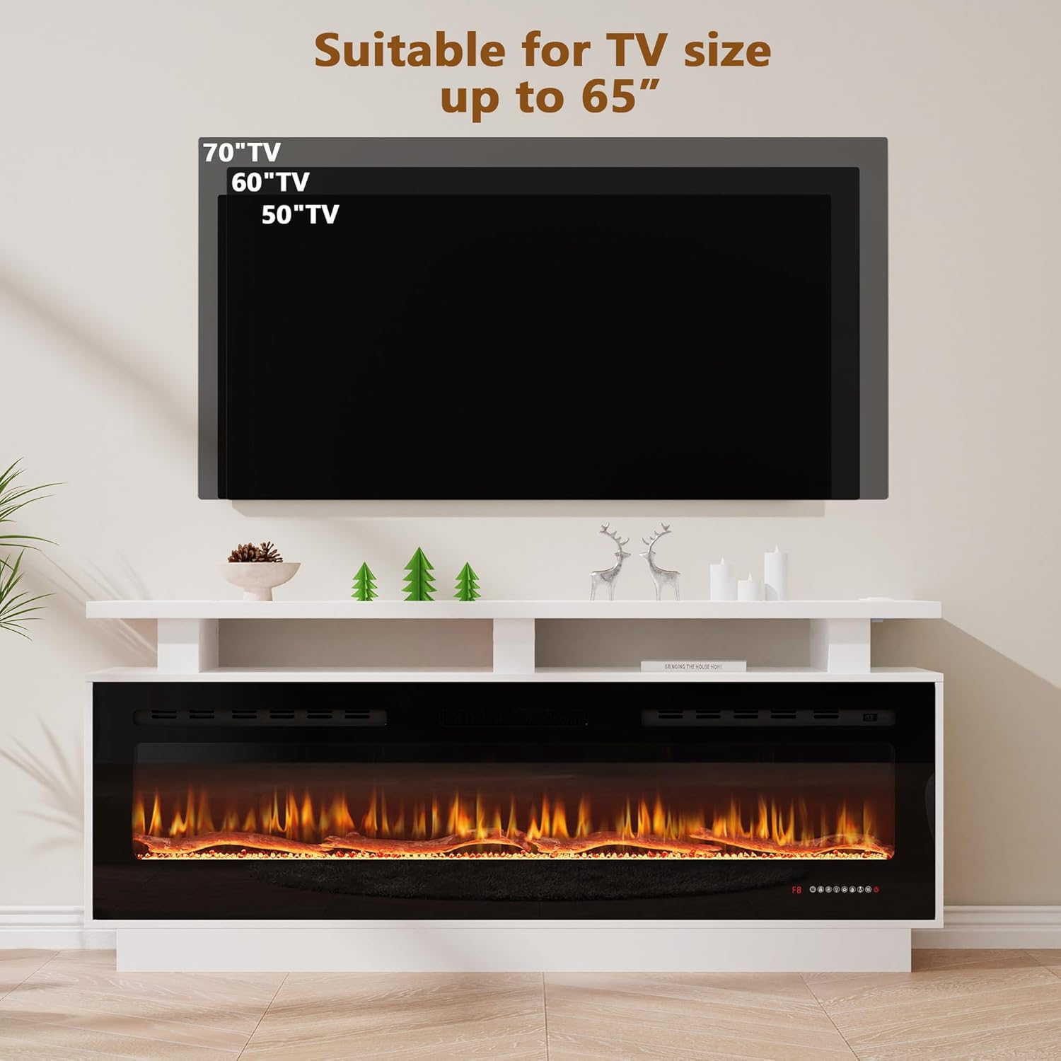 Fireplace TV Stand with 60“ Smart Electric Fireplace, Modern Wood Entertainment Center with Mantel&Built-in Power Outlets, Fireplace Cabinet for Living Room (White, 60“ WiFi)
