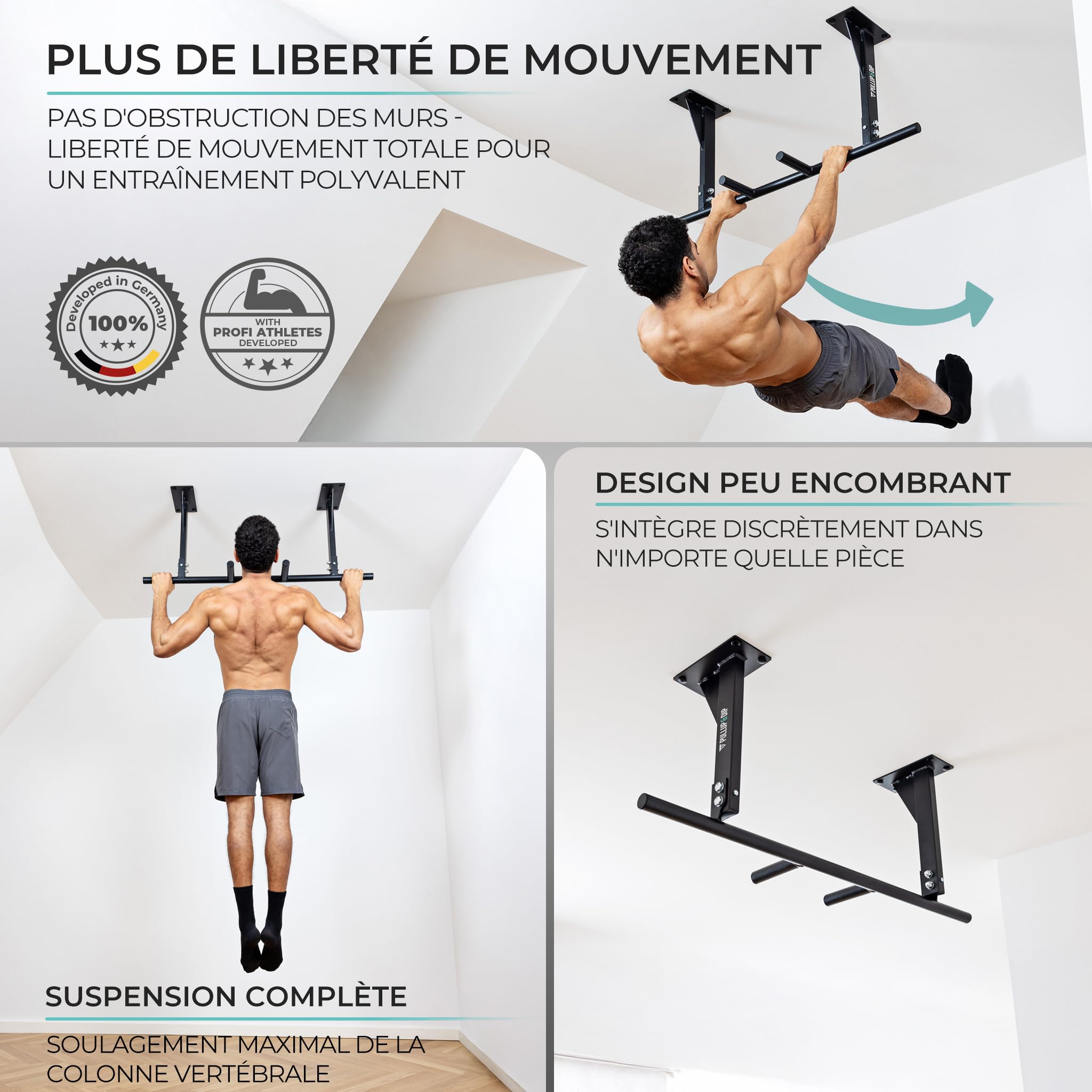 PULLUP & DIP Barre de Tractions pour Montage au Plafond - Résistant Jusqu'à 180 kg - Antidérapant 5 Positions de Préhension pour l'Exercice - Idéale pour Musculation Maison, Gym et Appareil Fitness