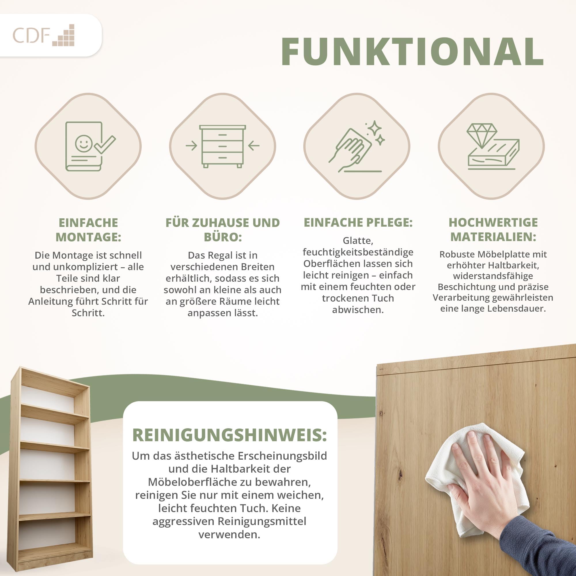 CDF Bücherregal Regal Standregal Büroregal für Ordner - Büro Wohnzimmer Homeoffice Bücherschrank zur Aufbewahrung Dokumenten Dekoration Robuste Konstruktion - Eiche Artisan 80cm