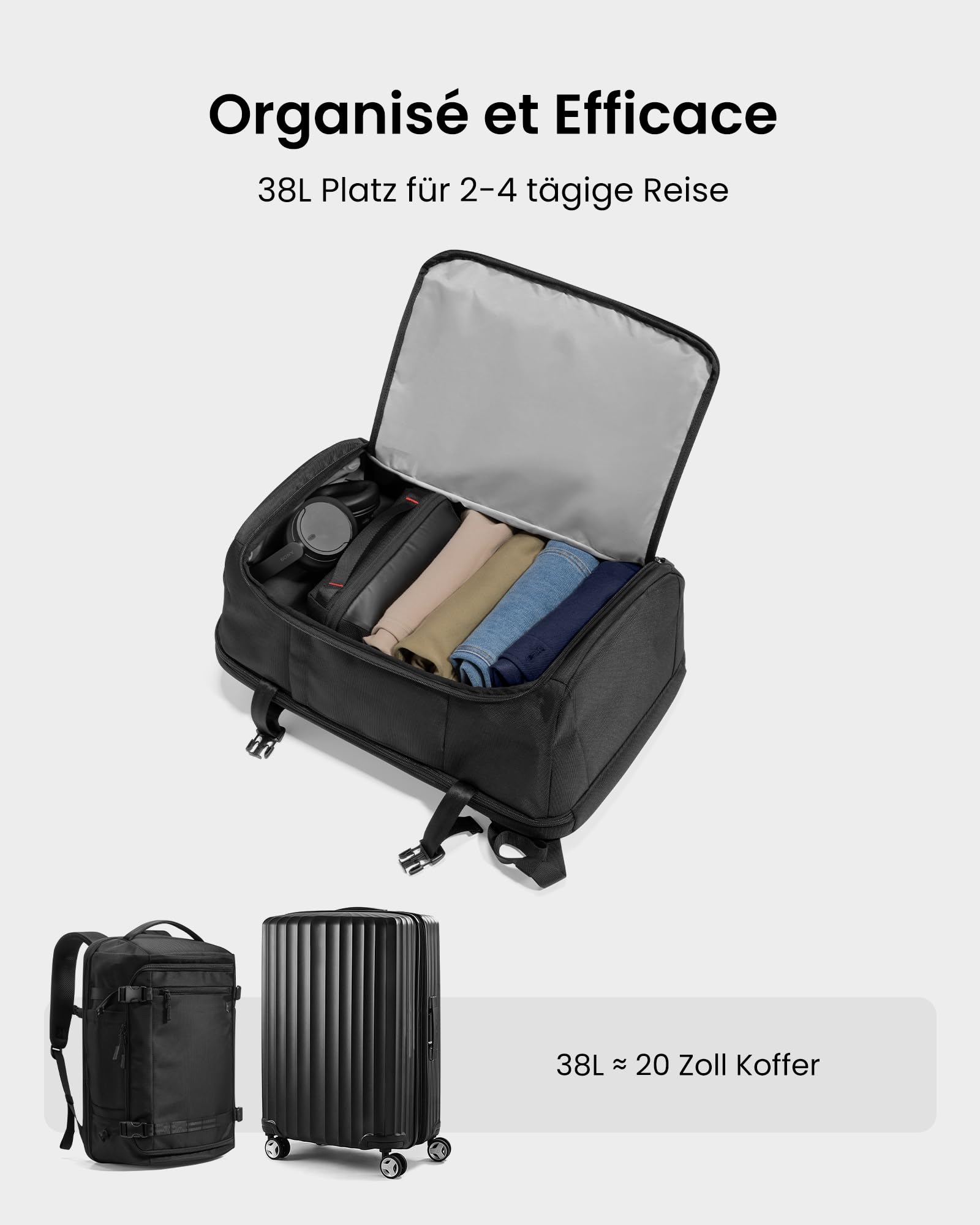 tomtoc 38L Reiserucksack, TSA Freundlich Handgepäck Rucksack Travel Backpack für 15,6-17,3 Zoll Laptop, Flug Genehmigt Rucksack Wasserdicht Reiserucksack Handgepäck Flugzeug für Reise Weekender Trip