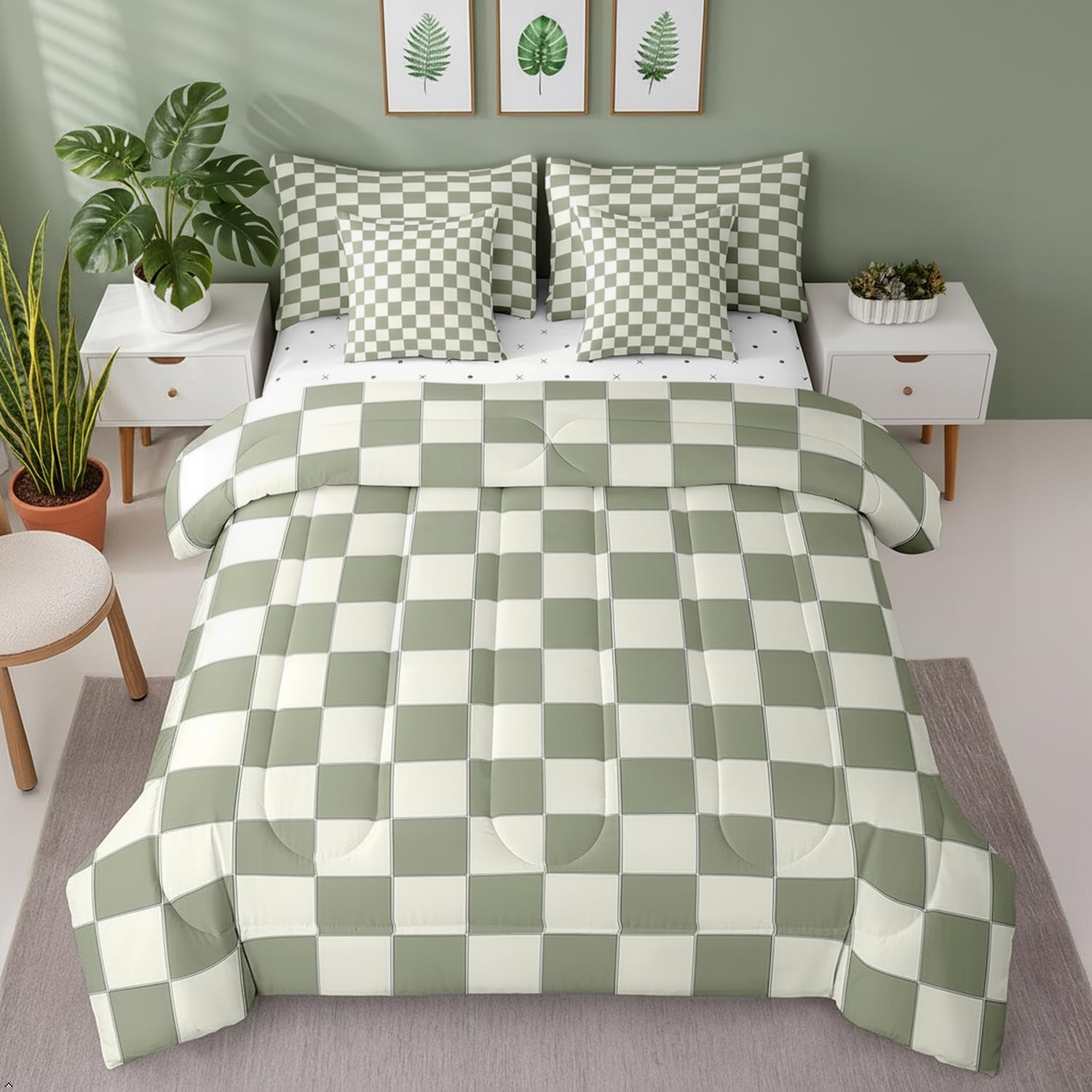 Erosebridal Plaid Full Comforter Set 7 Piece Beige Sage Green Checkerboard Bed in A Bag with Sheets Geometric Checkered Bedding Set for Kids Boys Girls,Aesthetic Grid Bed Set