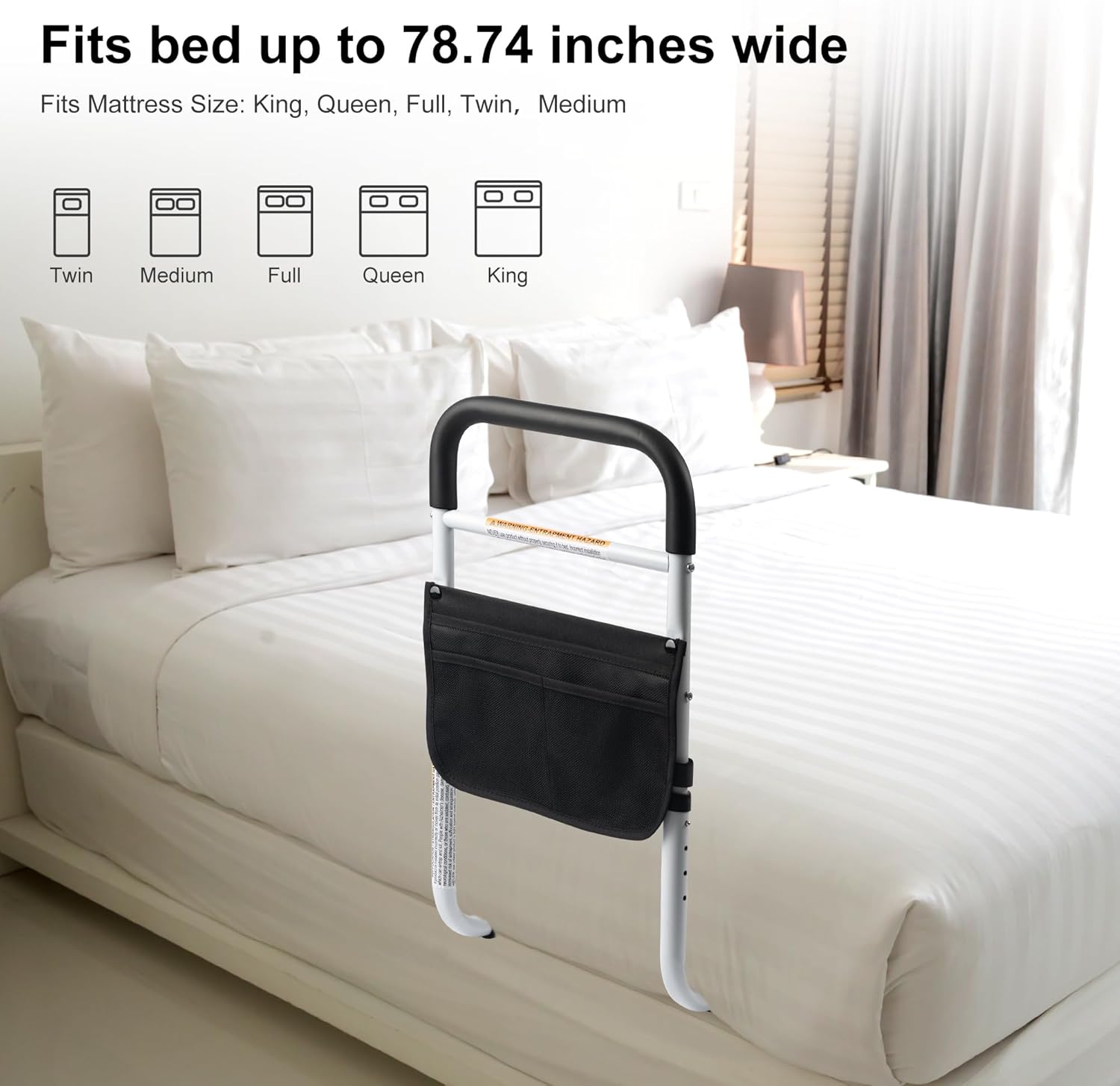 Panta Bed Rails for Elderly Adults, Adjustable Bed Assist Bar for Seniors, Medical Bed Safety Rail with Storage Bag and Fixing Strap, Portable Bed Cane Fit King, Queen, Full, Twin, Medium, Black