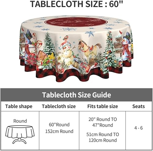 Miniatura 3 de Mantel redondo de Navidad de 60 pulgadas, árbol de Navidad, muñeco de nieve, pájaros, copos de nieve, ciervos, cuadros rojos, mantel decorativo de