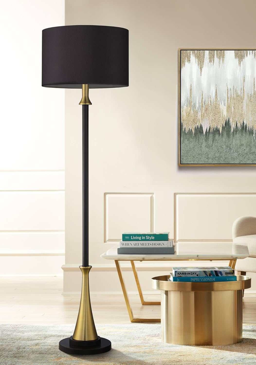 Possini Euro Design Burbank Mid Century Modern Art Deco 70" Tall Floor Lamp Standing with Dimmer Two-Tone Black Brass Metal Fabric Drum Shade for Living Room Family Bedroom Office House Home