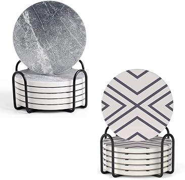 LIFVER 6 Piece Absorbent Coaster Set with Holder, Ceramic Drink Coasters, 4 Inch Farmhouse Coasters with Cork Base, Ideal Gift for Housewarming
