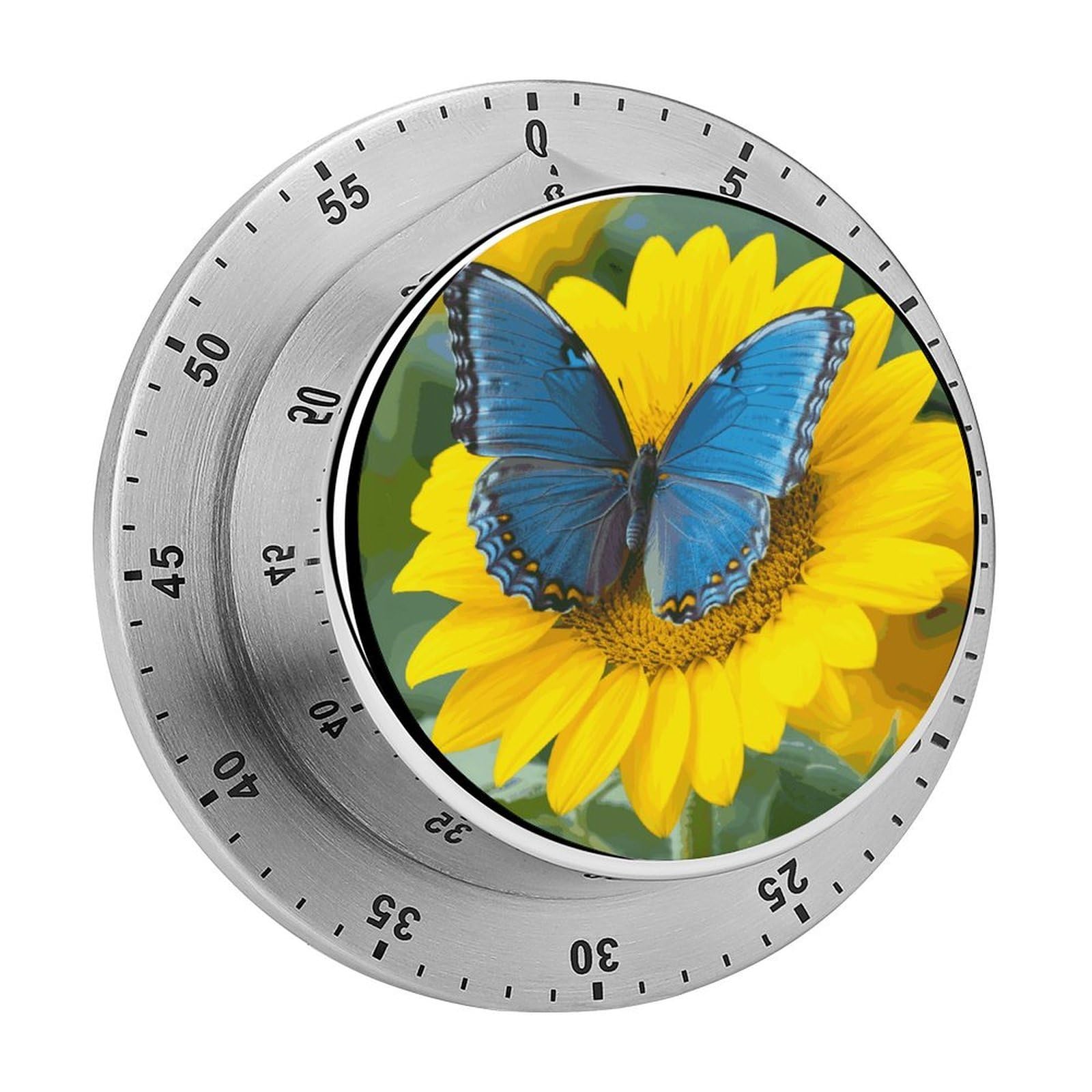 Sunflower Blue Butterfly Timer Loud Mechanical Timer Stainless Steel 60-Minute Kitchen Timers Waterproof Chef Cooking Timers Sport Countdown Clock Portable Countdown Alarm Adult