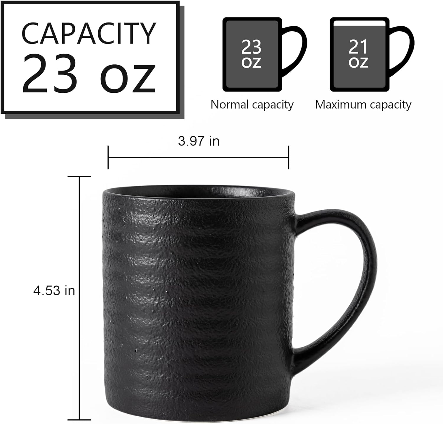 Ceramic Coffee mugs, 23 oz, Extra Large Mugs, Big Tea Cup, Large Handle, Pottery Mug, Big Belly, Matte Finish Glaze,Wide Bottom, stripe pattern, Microwave & Dishwasher Safe. (Black) - Image 2