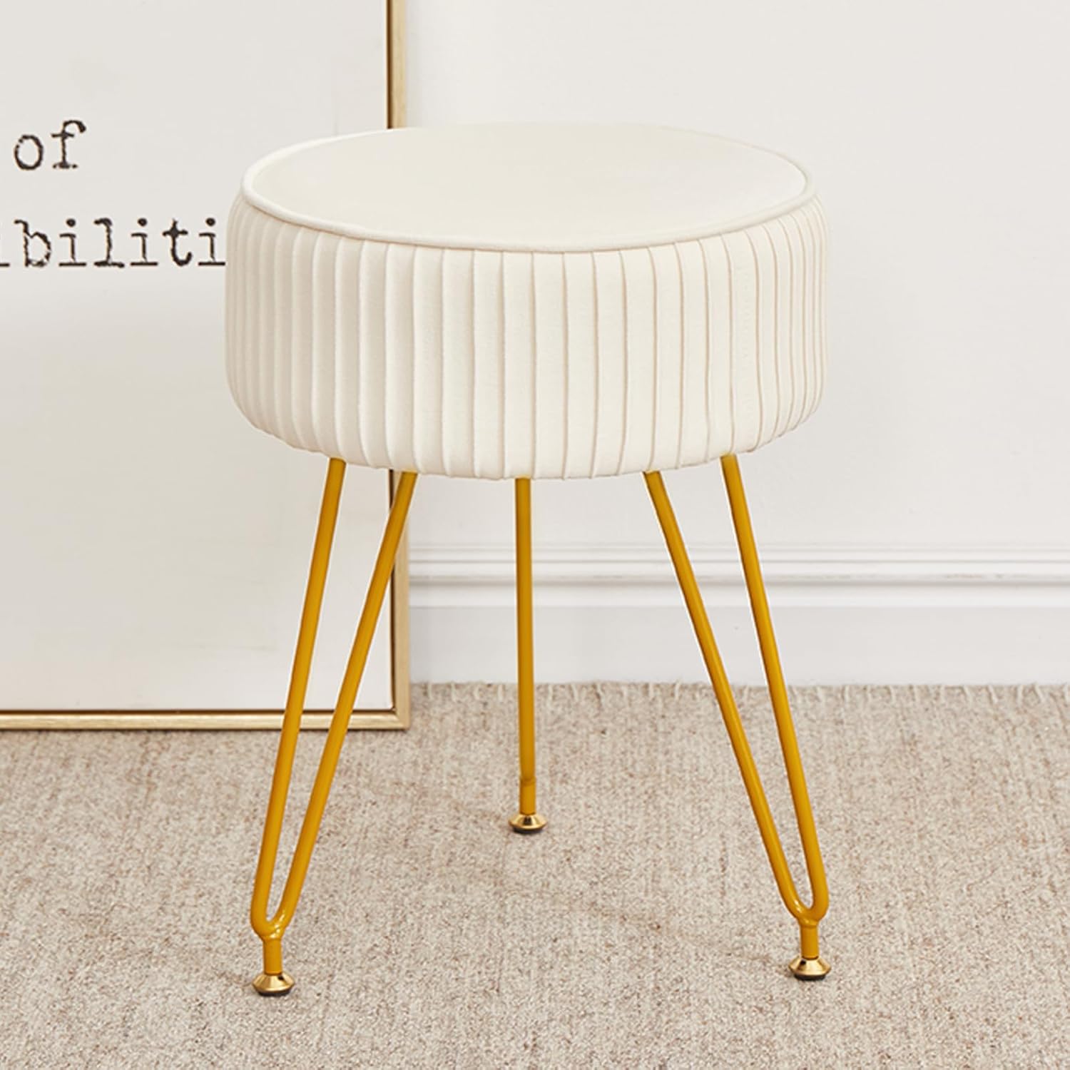 Velvet Vanity Stool, Modern Ottoman Foot Rest Stool with Adjustable Golden Legs, Makeup Chair for Vanity, Multifunctional Small Vanity Chair for Bedroom, Beige