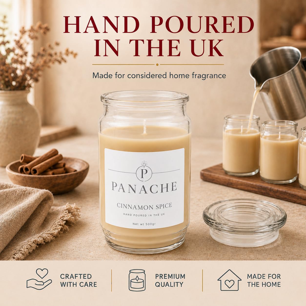 Panache Candela profumata alla cannella e spezie, barattolo di cera di soia da 500 g, combustione 60 ore, profumo classico speziato, ottimo regalo per donne, relax e decorazione
