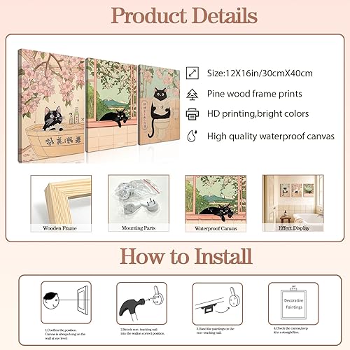 Miniatura 4 de Juego de 3 lienzos japoneses de pared para baño, divertidos cuadros de decoración de pared de gato negro, bonitos pósteres de baño, impresiones para