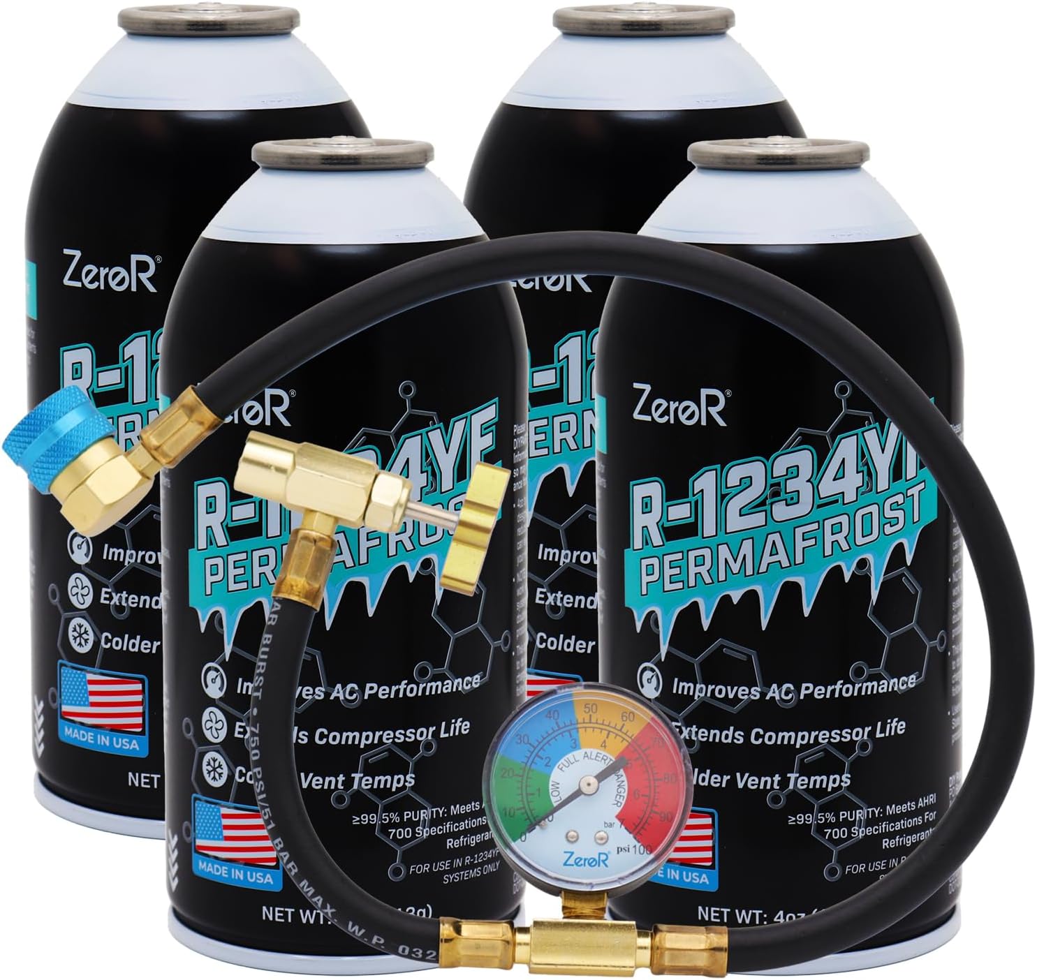 ZeroR® Permafrost for R1234YF AC Systems | Performance Booster | 3 Cans + 24" HD Can Tap Gauge