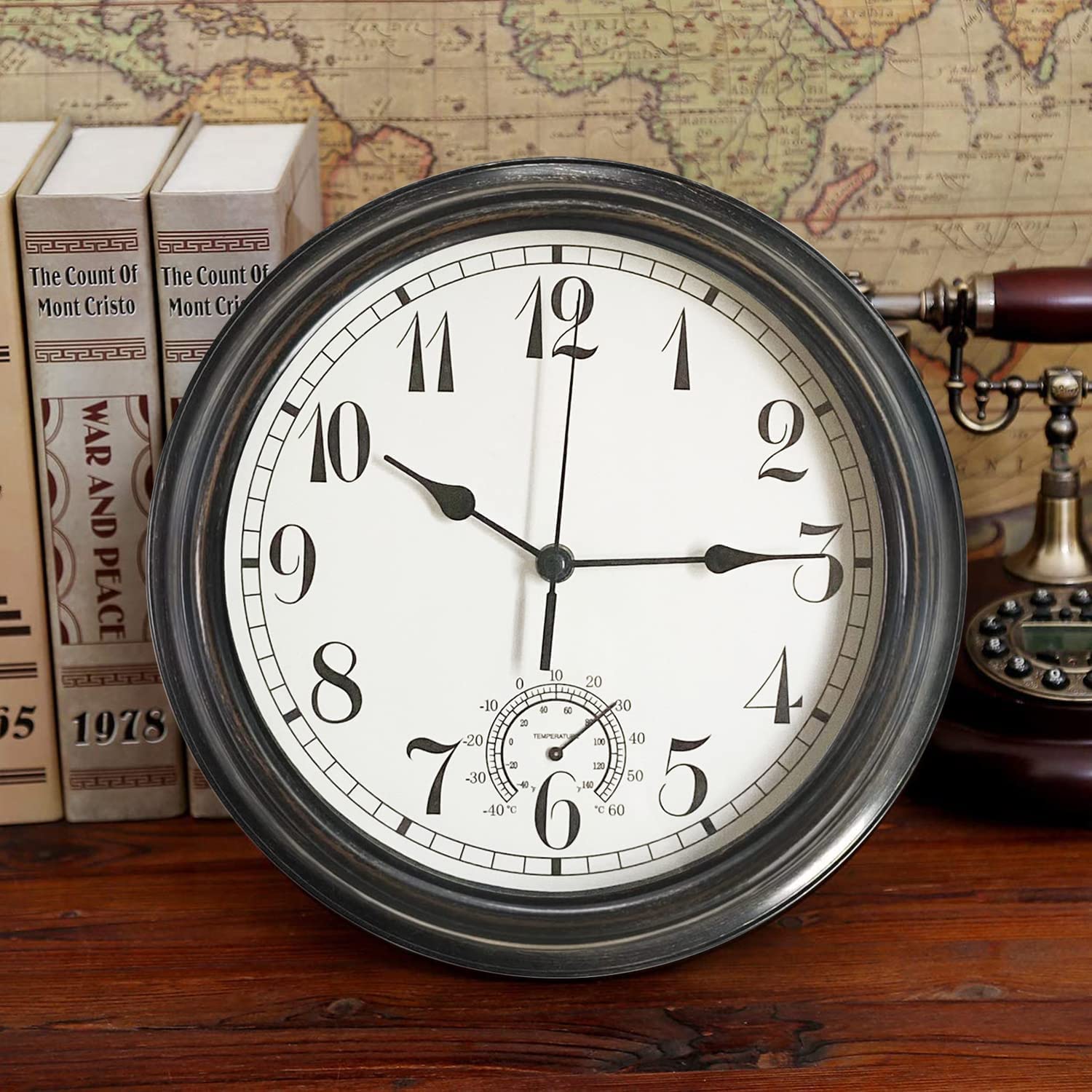 Grande horloge murale d'extérieur et d'intérieur étanche de 30.5 cm avec thermomètre, résistante aux intempéries, sans tic-tac, fonctionne avec des piles, salle de bain, cadeau