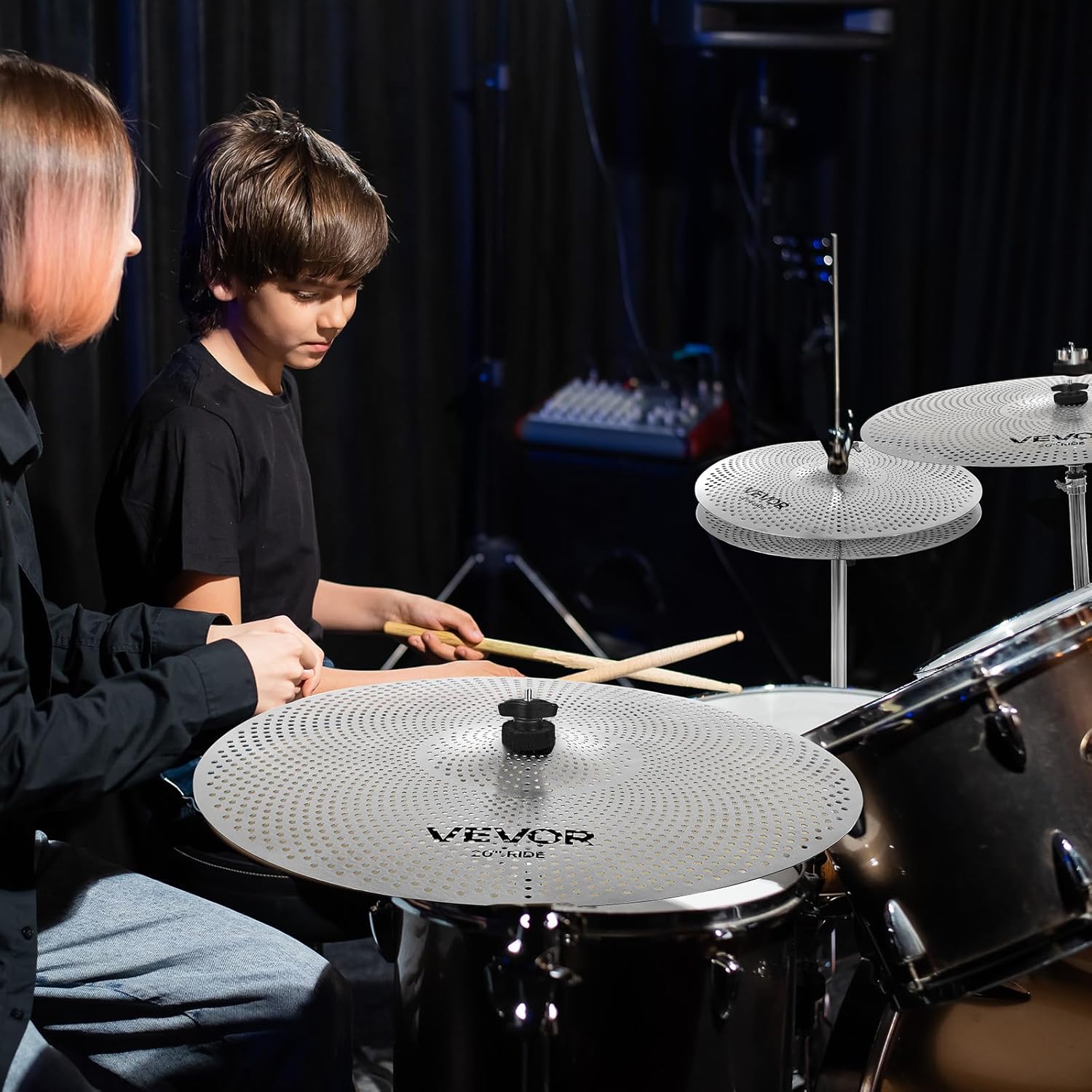 VEVOR Low Volume Cymbal Pack, 5Pcs Quiet Cymbals for Drum Set, 14'' Hi-Hats, 16'' Crash, 18'' Crash, 20'' Ride, Alloy Drum Cymbals Includes Free Drumsticks, Mute Pads & Bag, for Drummer Practice