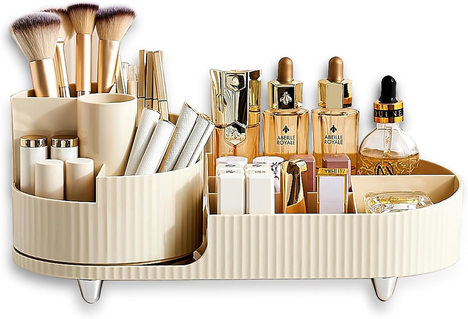 Makeup Organizer for Vanity, Rotating Organizer, Desk Cosmetics Organizers Storage Skincare, Nail Polish, Lipsticks, Jewelry, Large Capacity Cosmetic Display Cases, Creamy White (HS001)