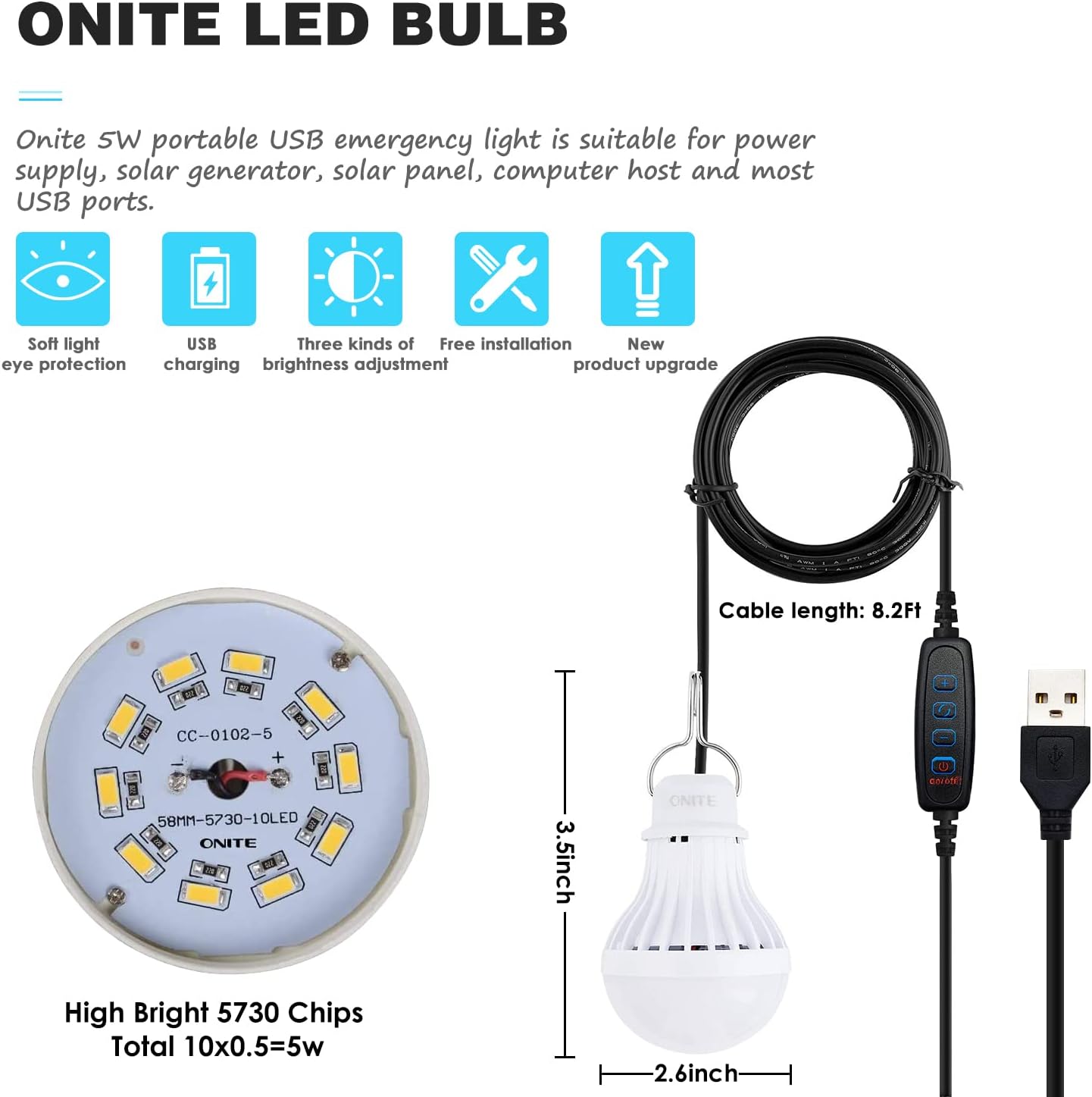 Onite USB LED Light, Camping Light, Adjustable Light Switch with Dimming and Color Changing, 6.2Ft Extra Length Cord Tent Light, Optimal Companion for Power Station Solar Panel Charger Power Bank