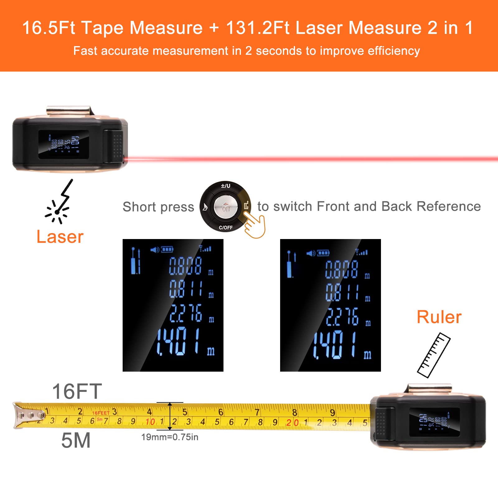 Télémètre Laser Ruban 2 en 1, Mètre Ruban Laser Rechargeable avec Laser de 40m et Ruban de 5m, USB Rechargeable avec Rétroéclairage LCD, Affichage Numérique pour Longueur/Zone/Volume/Mesure