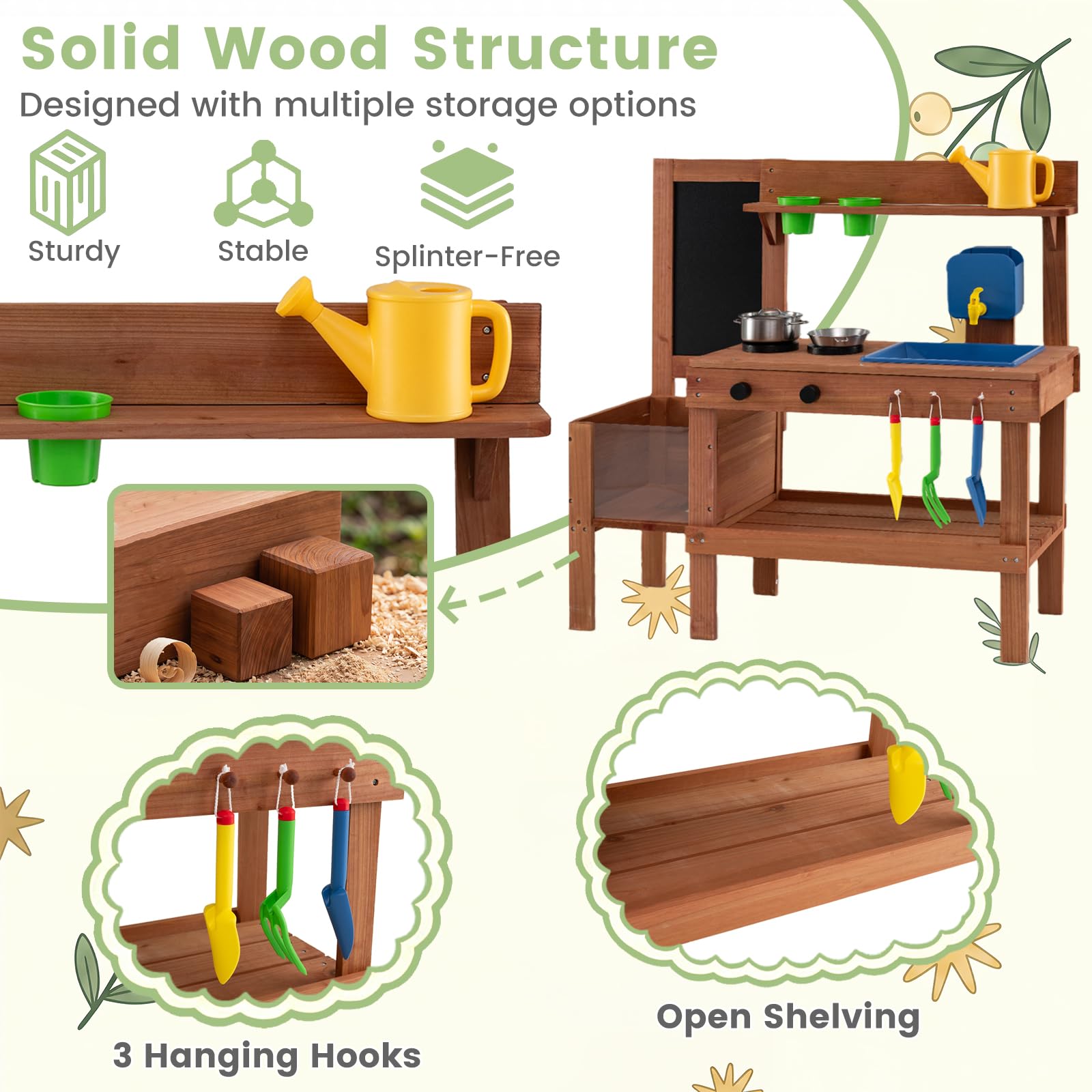 COSTWAY Cucina Giocattolo per Bambini, in Legno, per Bambini 3+ Anni | Cucinetta da Esterno con Fioriera, Lavagna, Rubinetto e Serbatoio, Cucina da Fango Interattiva con Accessori per Giardinaggi