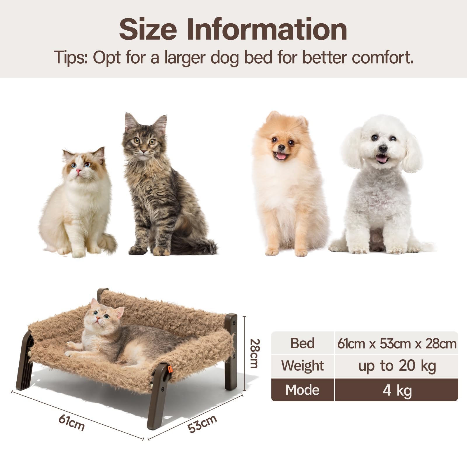 MEWOOFUN Canapé-lit surélevé pour chiens de petite taille, lit respirant avec housse amovible et lavable, fond antidérapant, 61 x 53 x 28 cm, marron, L