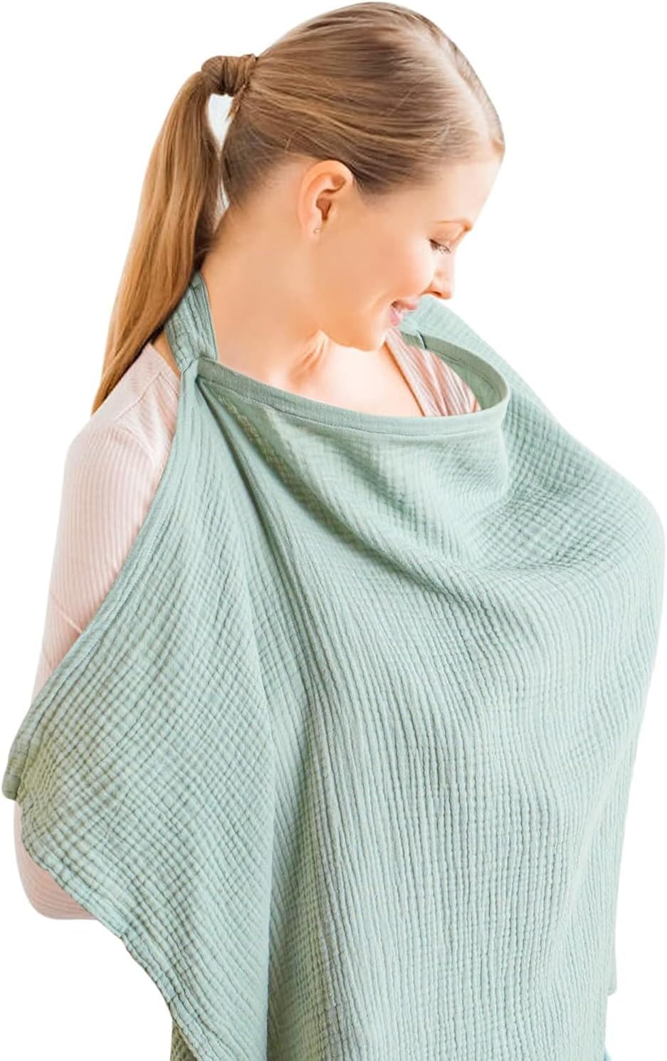 Breastfeeding Cover, Muslin Soft Cotton Nursing Cover, Breast Feeding Coverall with Adjustable Strap, Nursing Cover Breastfeeding Lightweight Breastfeeding Shawl for Outdoor（Light Geen）