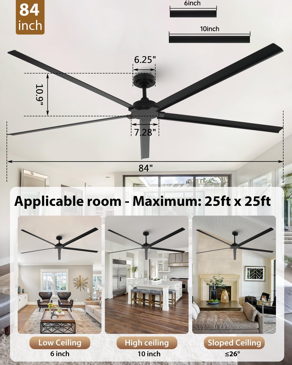 84 Inch Black Outdoor Ceiling Fan No Light and Remote, Modern Industrial Ceiling Fans without Lights – IPX4 Rated, 6-Speed, Aluminum Blades, Large Commercial Ceiling Fan for Patios Garage