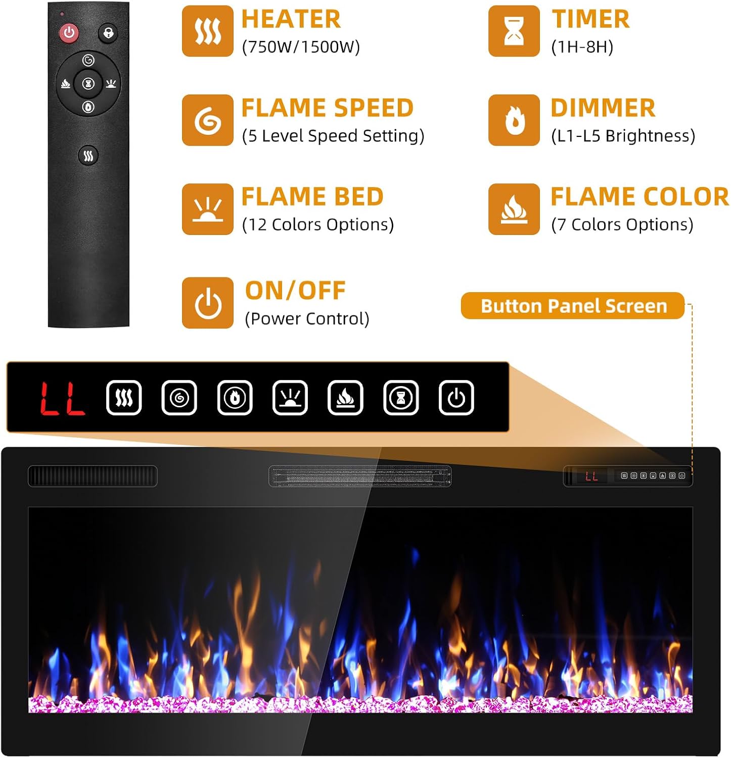 42" Electric Fireplace Recessed Wall Mounted Wide Screen Ultra Narrow Bezel Frame HD Flame Effect Crystal Fuel Bed Modern Fire Places with Remote Control 750/1500W