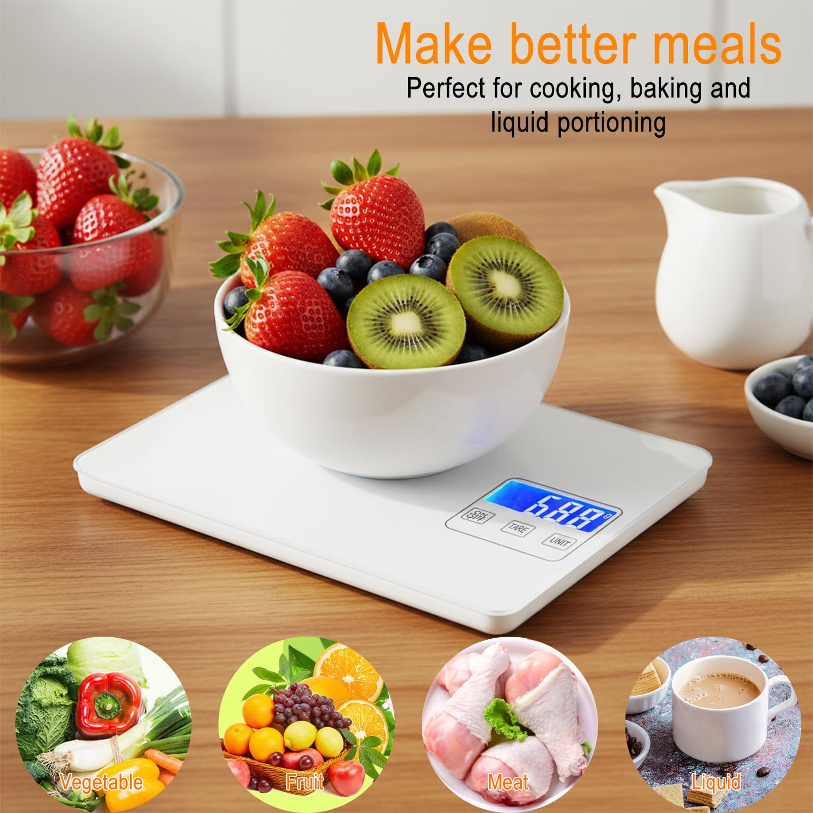 Digitale Küchenwaage mit großem LCD-Display und Tara-Funktion, präzise digitale Küchenwaage mit einem Gewicht von bis zu 15 kg, Genauigkeit 1 g, Einheitenumschaltung (g/kg/ml/oz/lb), ideal zum Backen