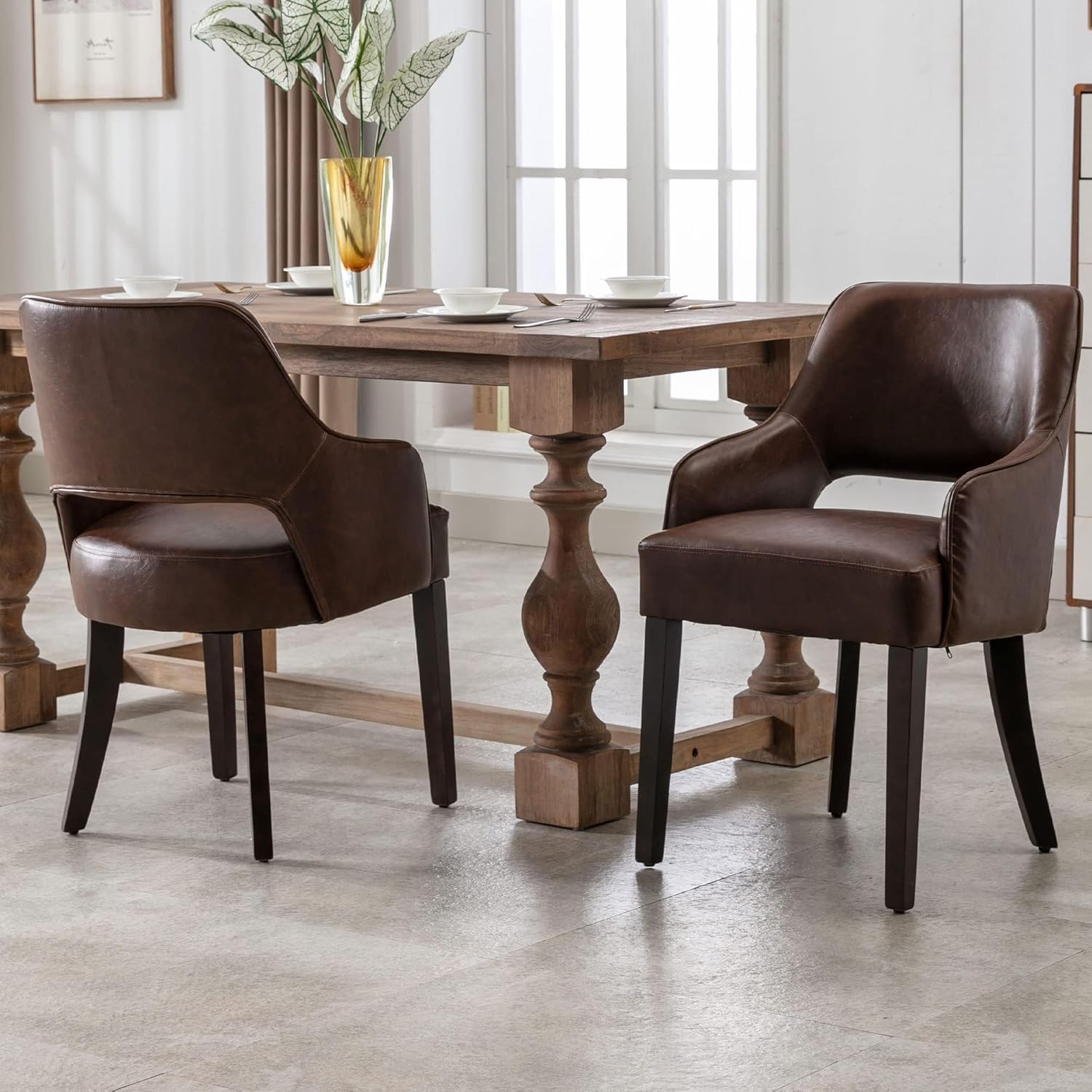 Dining Chairs Set of 2 Kitchen Chairs with Arm Upholstered Accent Side Chair w/Wood Legs for Living Room/Dining Room/Bedroom/Restaurant (Pu-Brown)-image-44