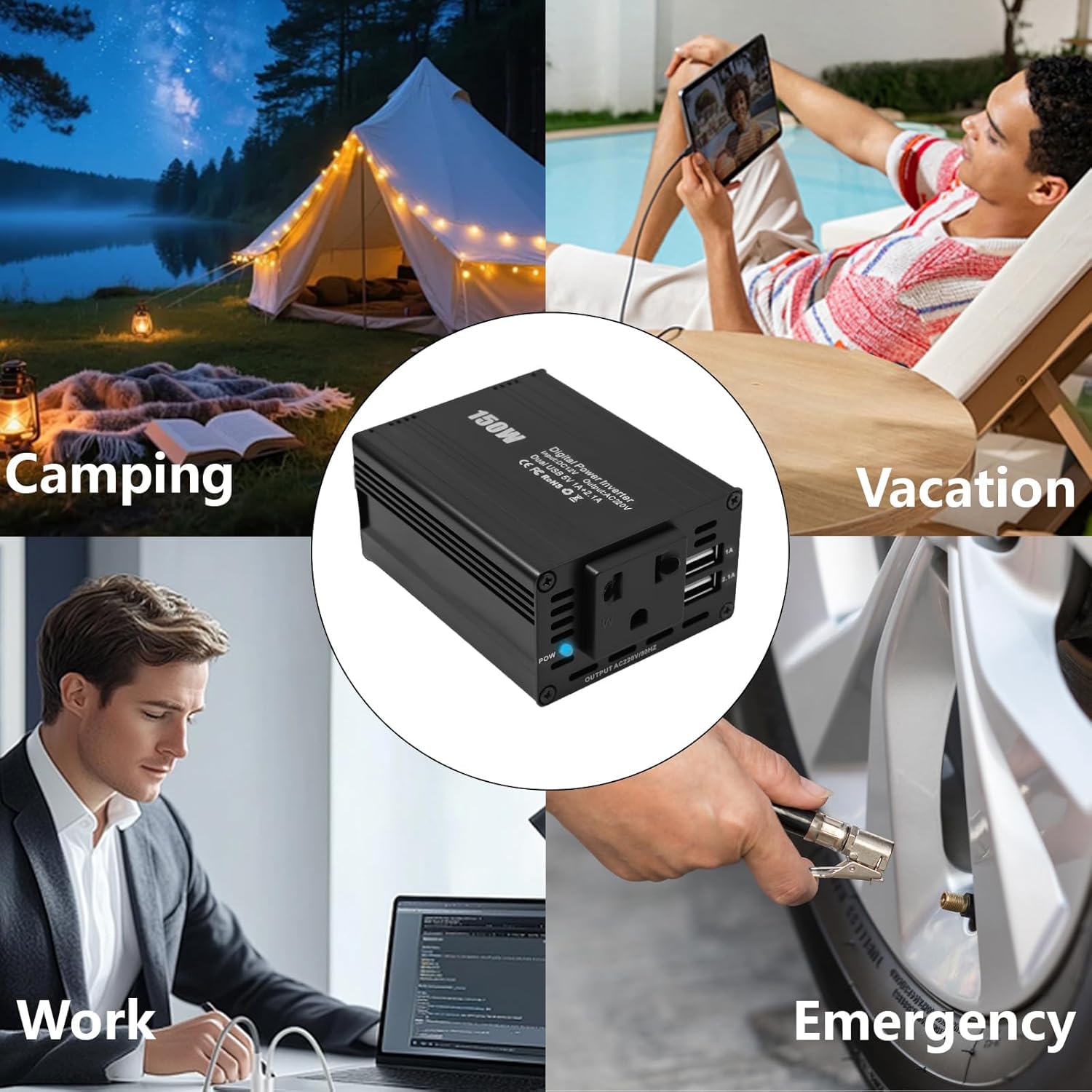 Onduleur de Voiture 150 W DC 12 V vers AC 230 V avec 2 Ports USB et Allume-Cigare, idéal pour Le Camping, Les Voyages et l'alimentation de Secours (Noir)