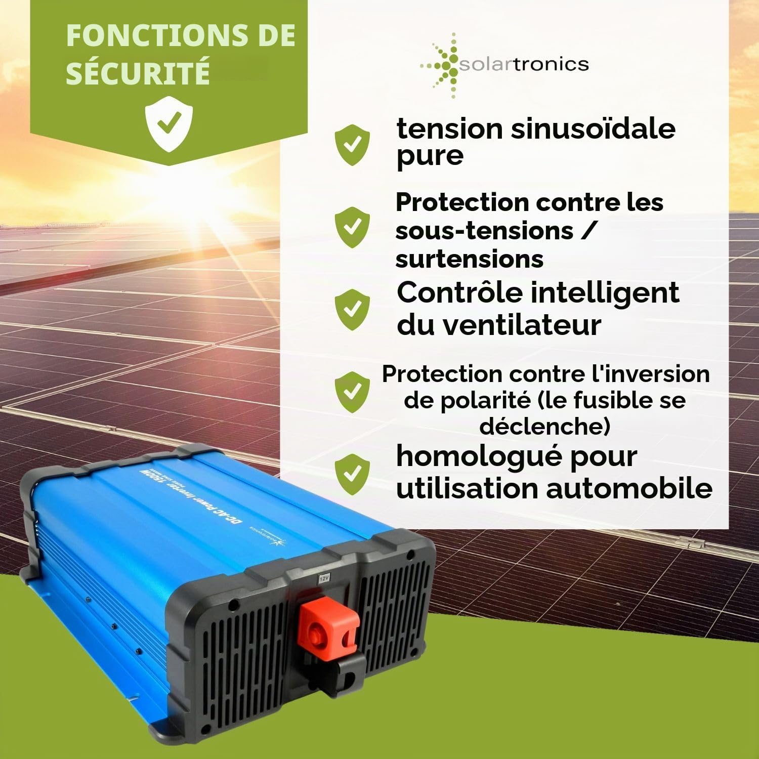 SOLARTRONICS FS1500D Convertisseur 12V 230V Pur Sinus 1500W - 3000W Puissance de crête - Convertisseur de 12V à 230V avec écran, Prise Schuko & USB
