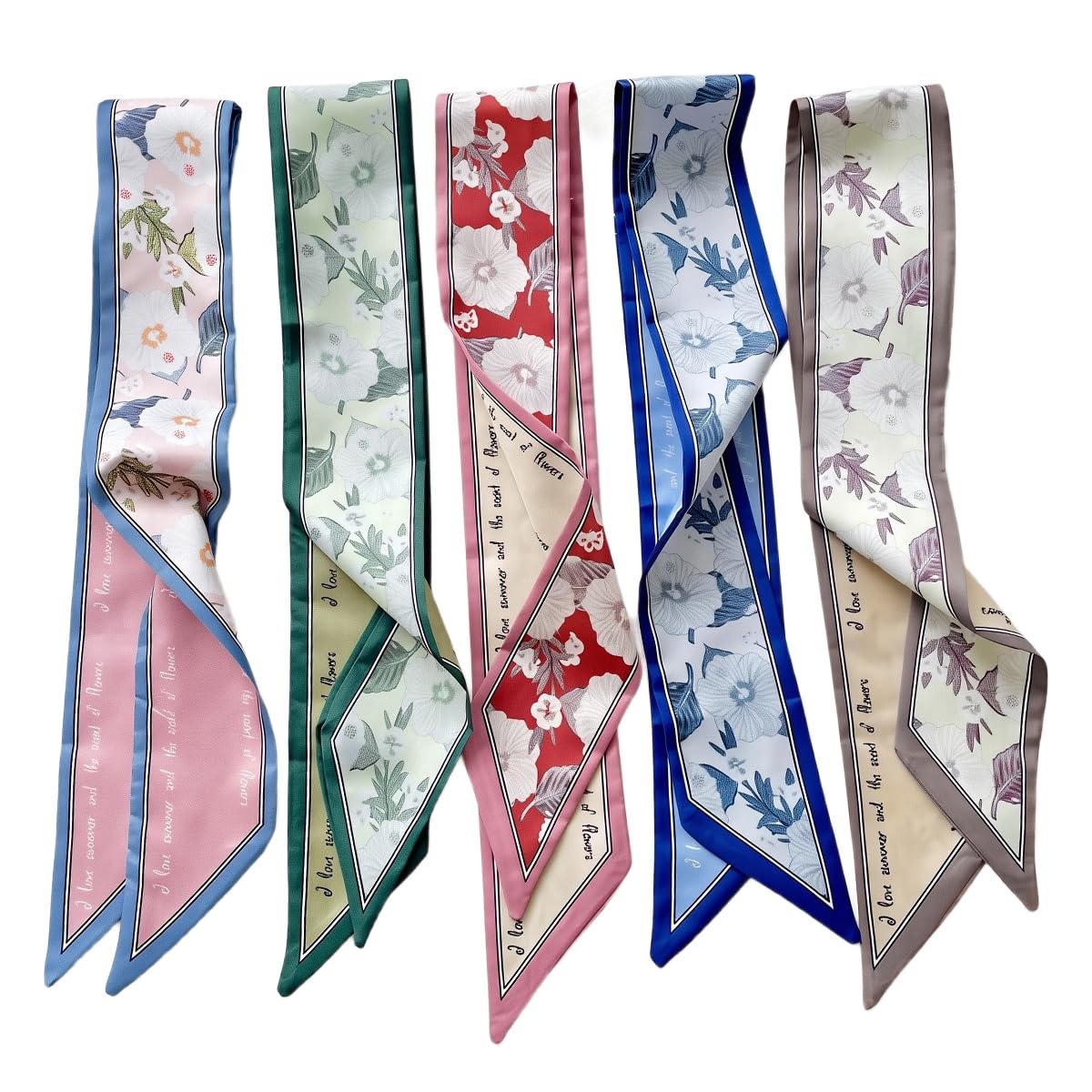 5pcs Hair Scarf Silk Scarf for Women Stylish Assorted Floral Print Neck Scarves & Headband Scarfs for Hair Styling or Handbag Ribbon Accessories - 34x2.7 Inch