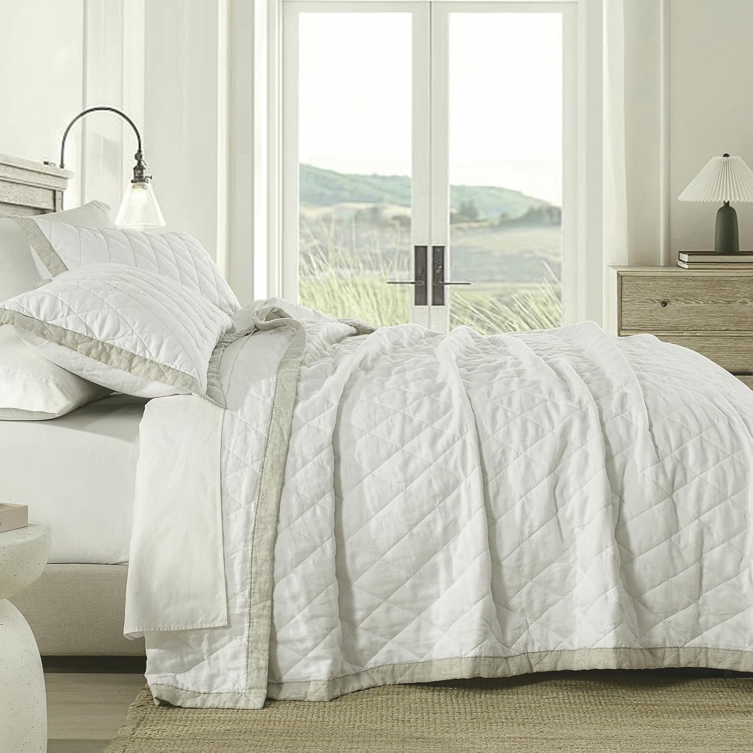King Linen Quilt, Diamond Quilted Soft Bedding Set, 3 Piece Flax Linen Bedspread Coverlet, Cotton Fill Lightweight Comforter for All Seasons with 2 Matching Shams