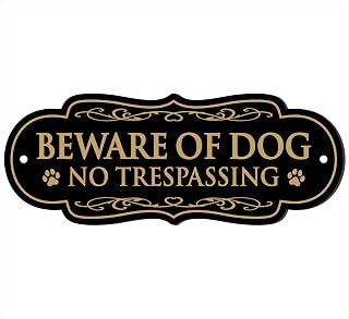 犬に用心、不法侵入の標識 ‐ 高品質のつや消しアクリル製、ドリル穴と超強力な自己粘着性、耐久性、フェンスやドアに適しています(9×3.5インチ、ブラック/ゴールド)