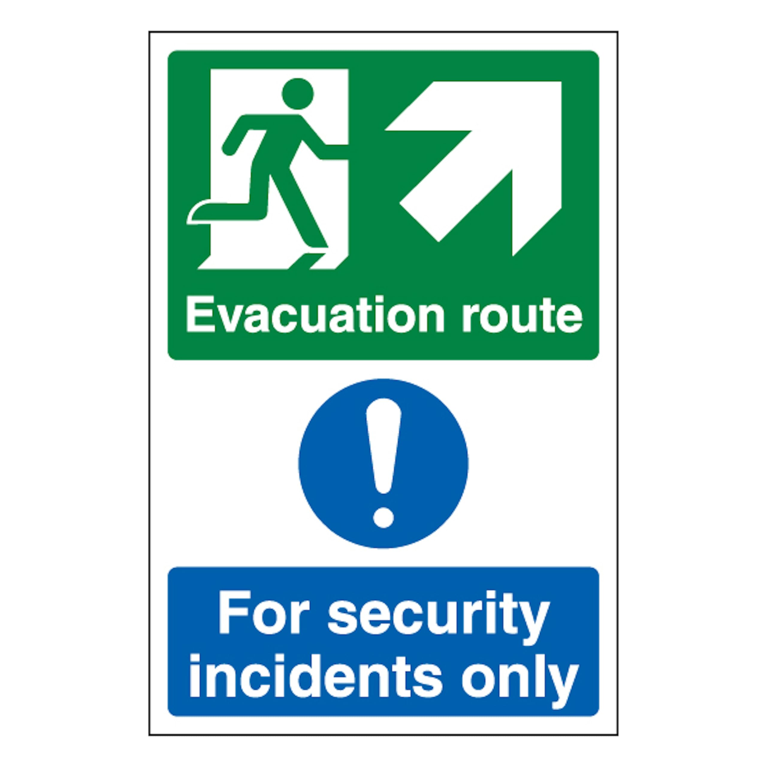 V Safety Evacuation Route Arrow Up Right/Security Incidents Only - Portrait 300 x 400mm - 1mm Rigid Plastic Safety Sign
