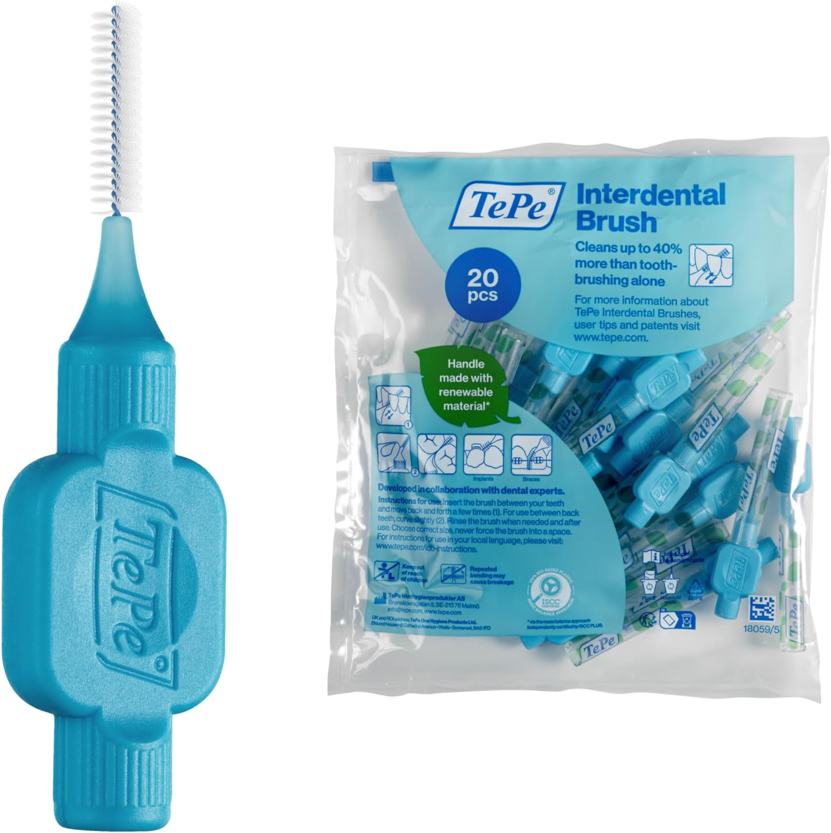 TePe Original Interdental Brush, 0.02 inches (0.6 mm), Blue, 20 Pieces with Cap, Genuine Product