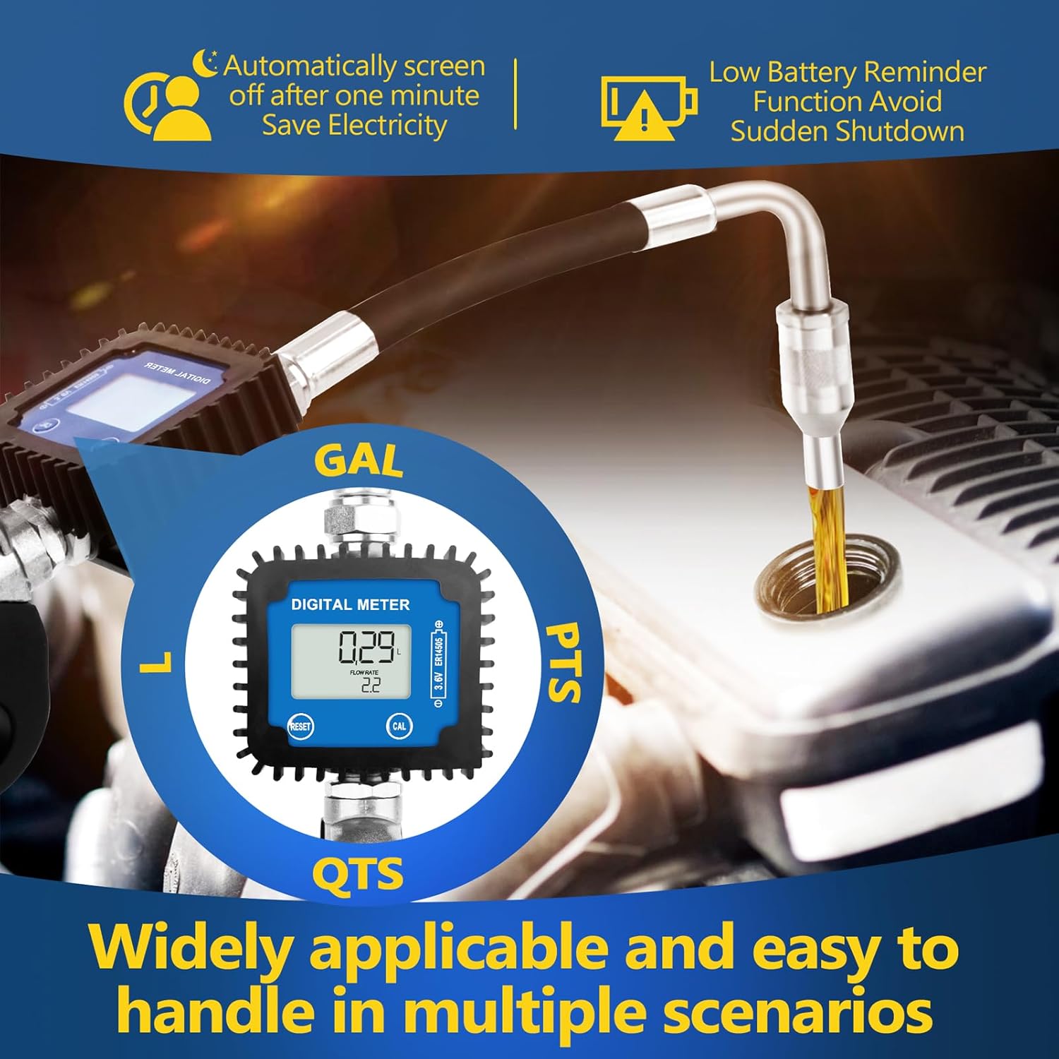 Digital Oil Control Valve Flow Meter Dispenser Nozzle 10 GPM / 35 LPM, Heavy Duty Air Operated Electronic Oil Metering Gun 1/2 Inch NPT Inlet, Oil Gun - Max Working Pressure 1500 PSI / 100 bar