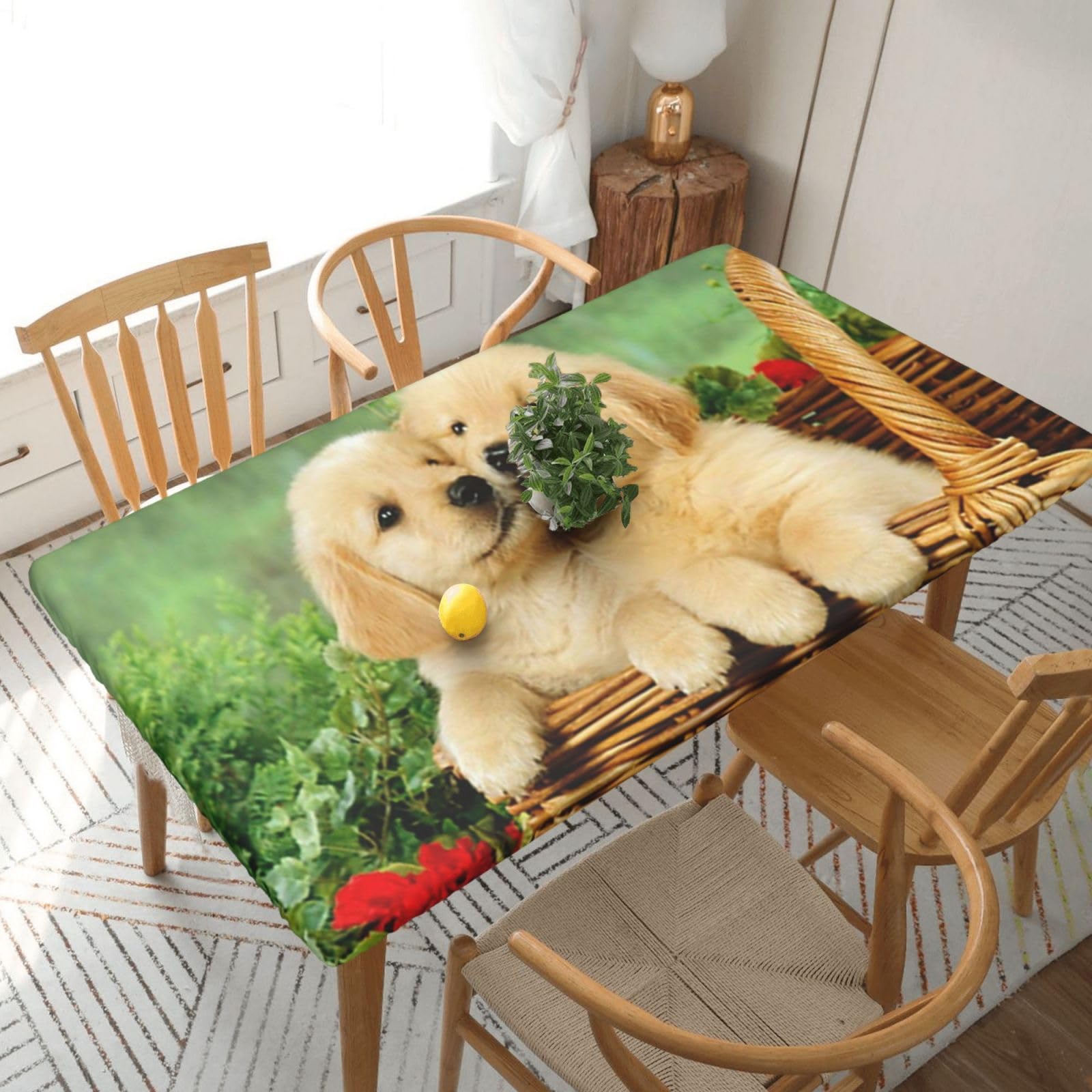 BNVSADC Puppy golden retriever Printed 5FT Tablecloth Polyester Kitchen Water Resistant Table Cloth Dining Table Decoration Table Covers, 152x76 CM