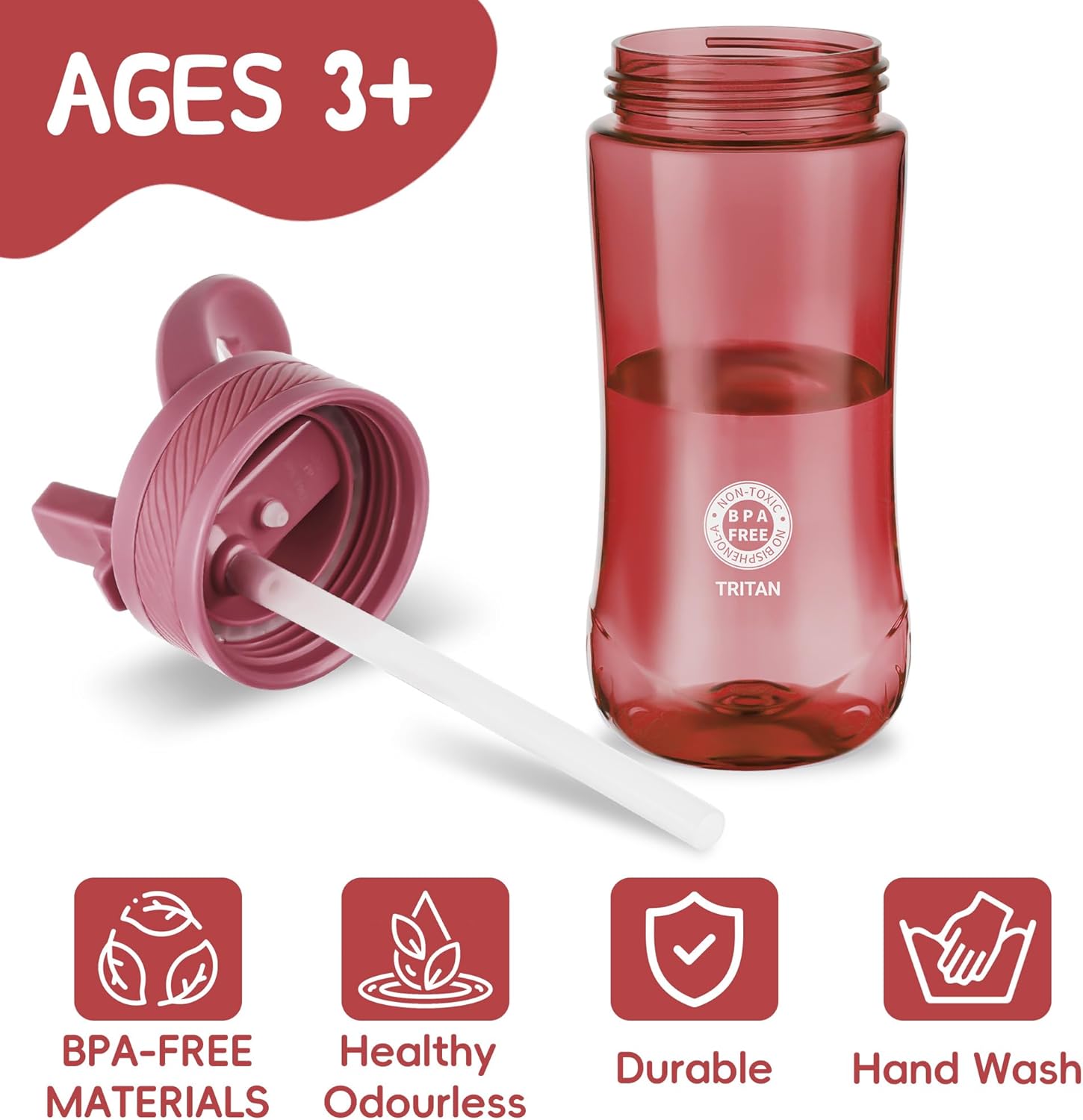 Kids Clear Water Bottle 14oz Flip with Straw Carry Handle, Leakproof, Reusable, Tritan, BPA Free, Suitable for Boys and Girls, Red - Image 4