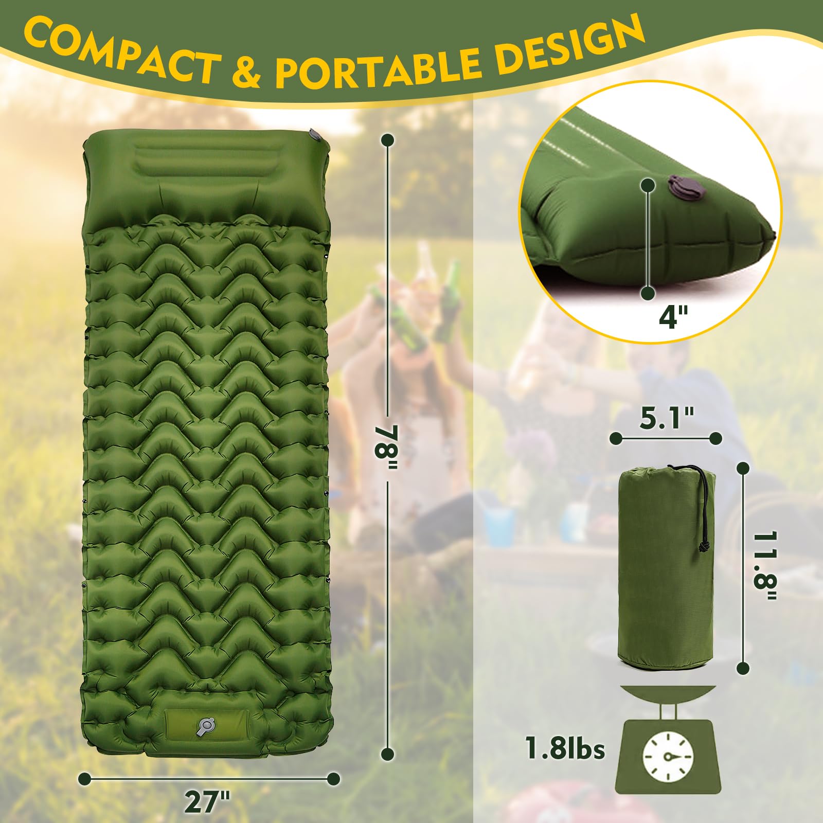 Sleeping Pad for Camping, Ultralight Self Inflating Camping Mat Camping Mattress with Pillow, 78''X47''/78''X27'', Built-in Foot Pump, Camping Pad Air Mattress for Backpacking, Hiking, Traveling, Tent
