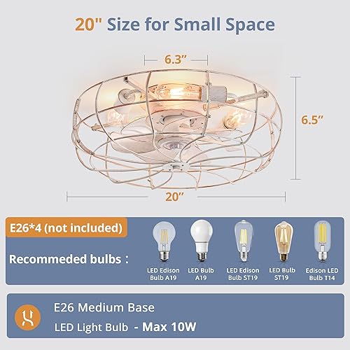 Miniatura 6 de LEDIARY Ventiladores de techo enjaulados de 20" con luces, blanco ventilador de techo de montaje empotrado de perfil bajo con control remoto,