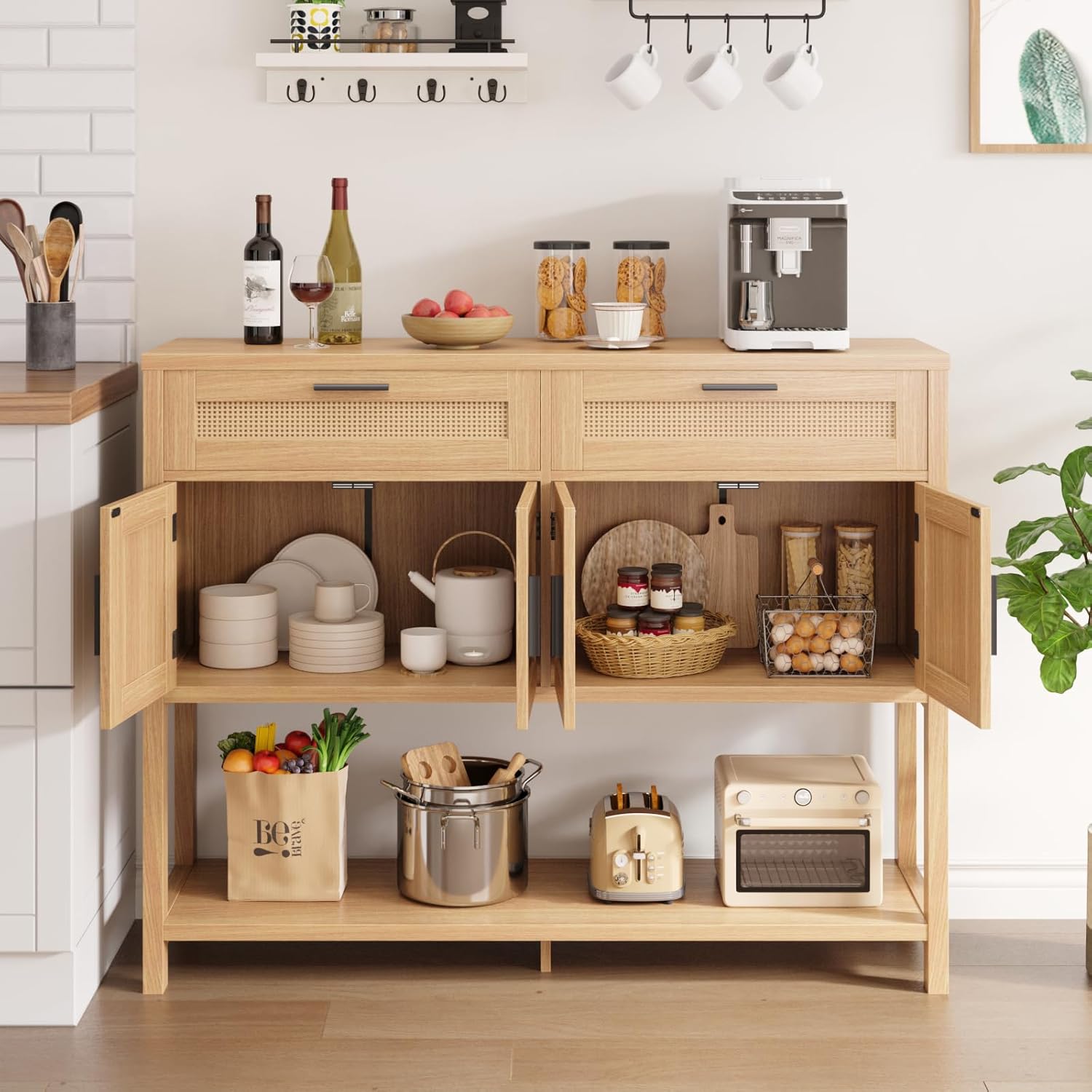 Open rattan doors of the FiveWillowise Buffet Sideboard Cabinet